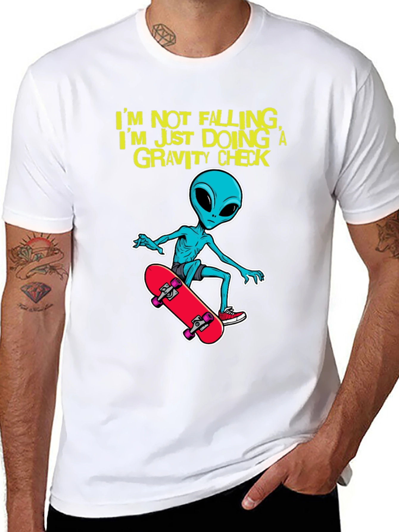 Alien Skateboarder T-Shirt: Gravity Check Design