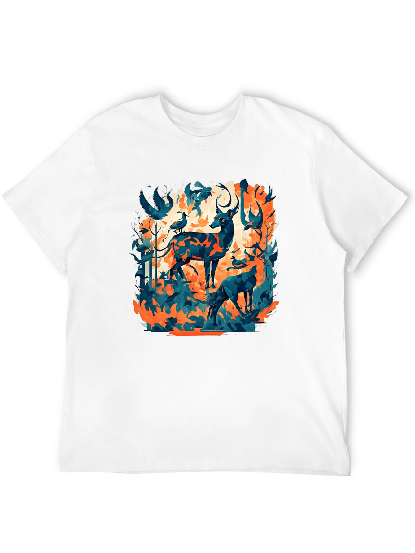 Nature Inspired Graphic Tee - Deer & Birds Design
