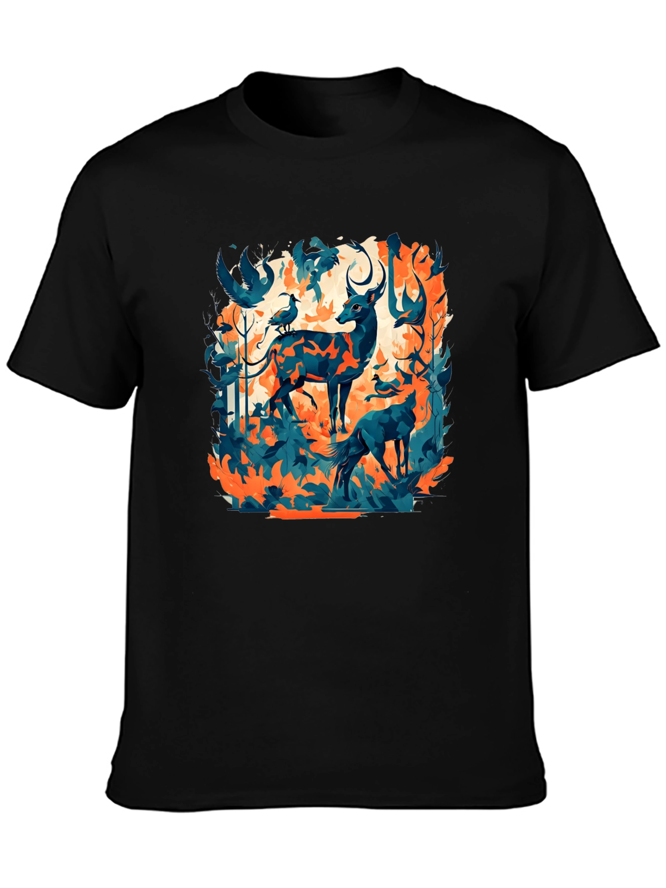 Nature Inspired Graphic Tee - Deer & Birds Design
