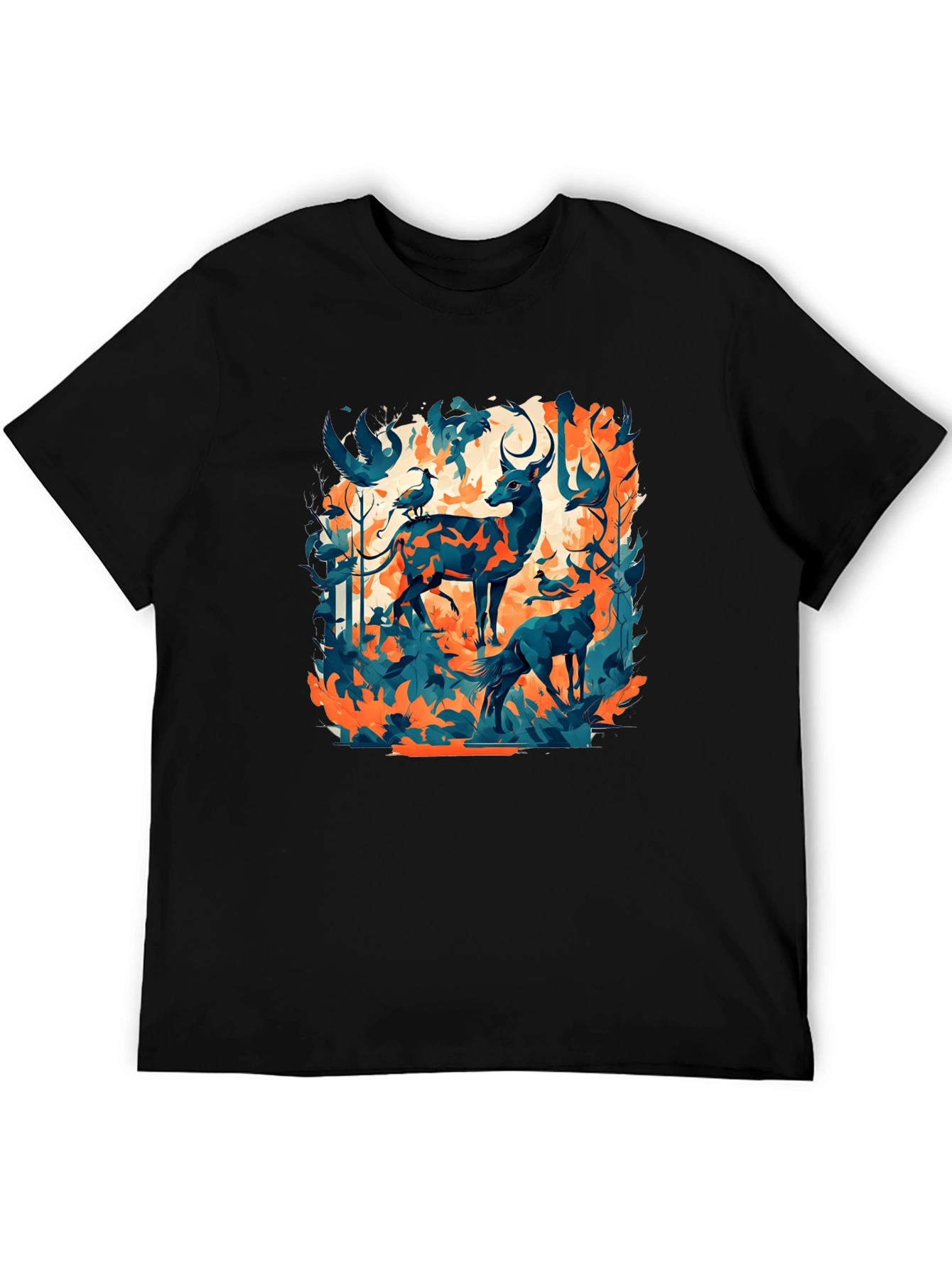 Nature Inspired Graphic Tee - Deer & Birds Design