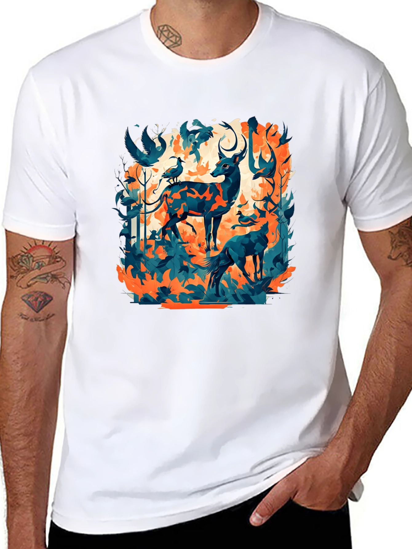 Nature Inspired Graphic Tee - Deer & Birds Design