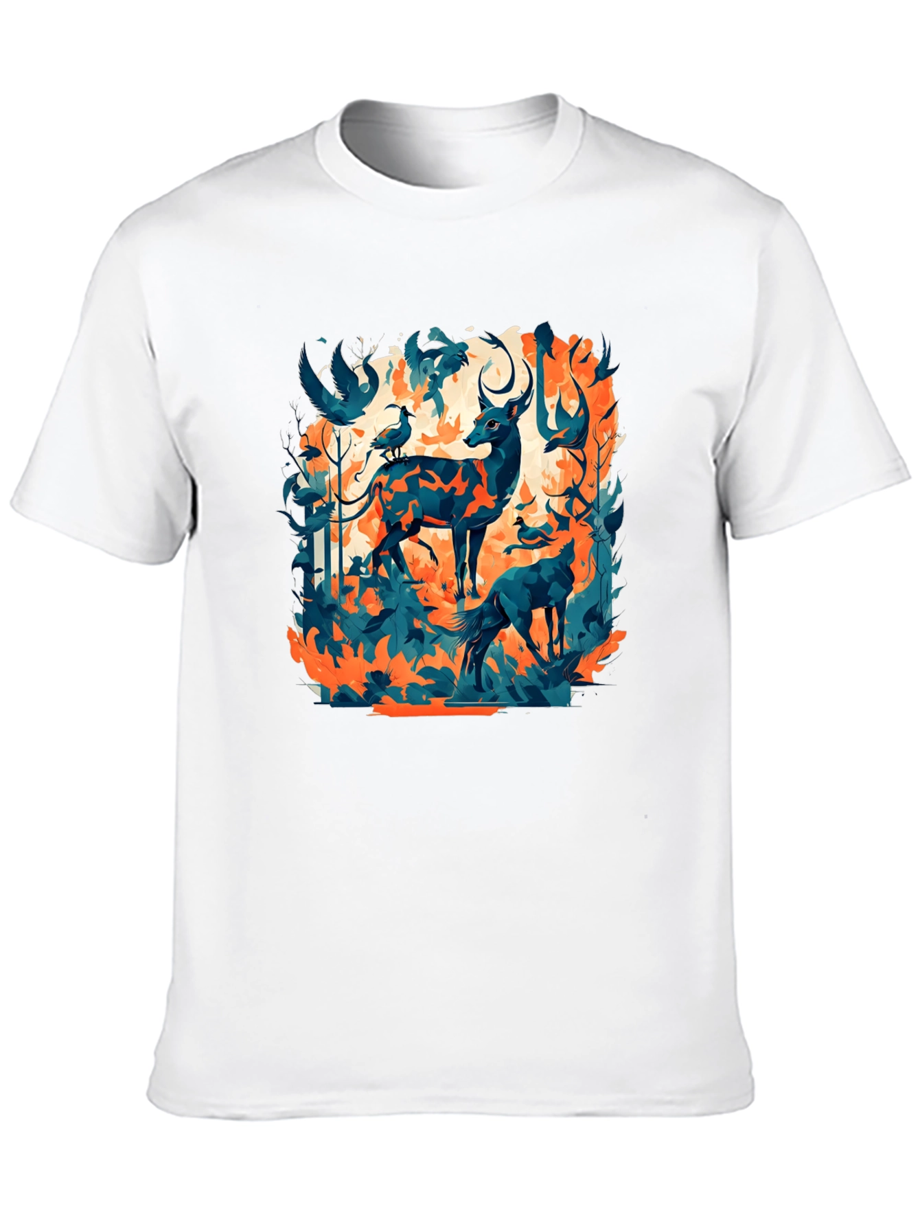 Nature Inspired Graphic Tee - Deer & Birds Design