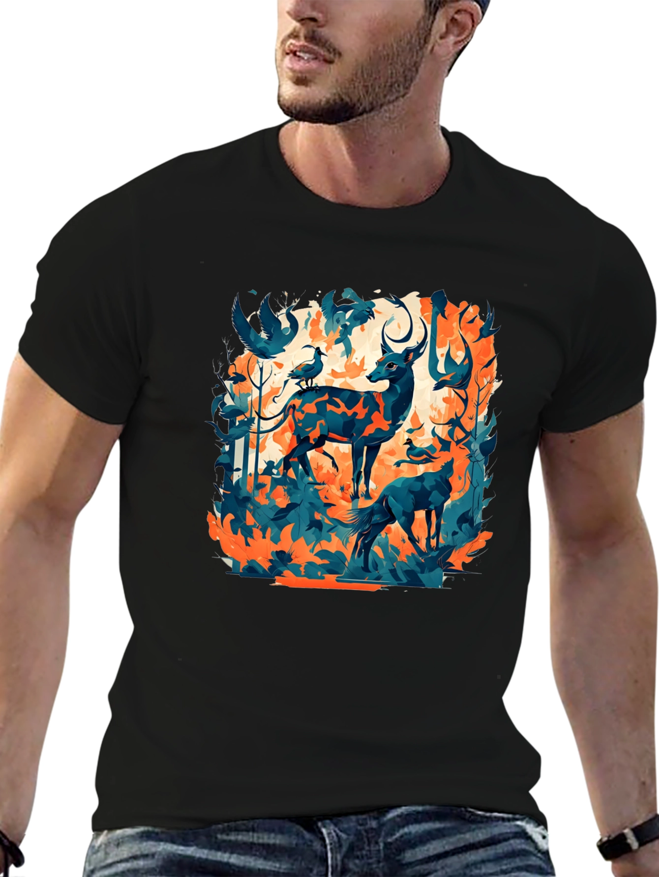 Nature Inspired Graphic Tee - Deer & Birds Design
