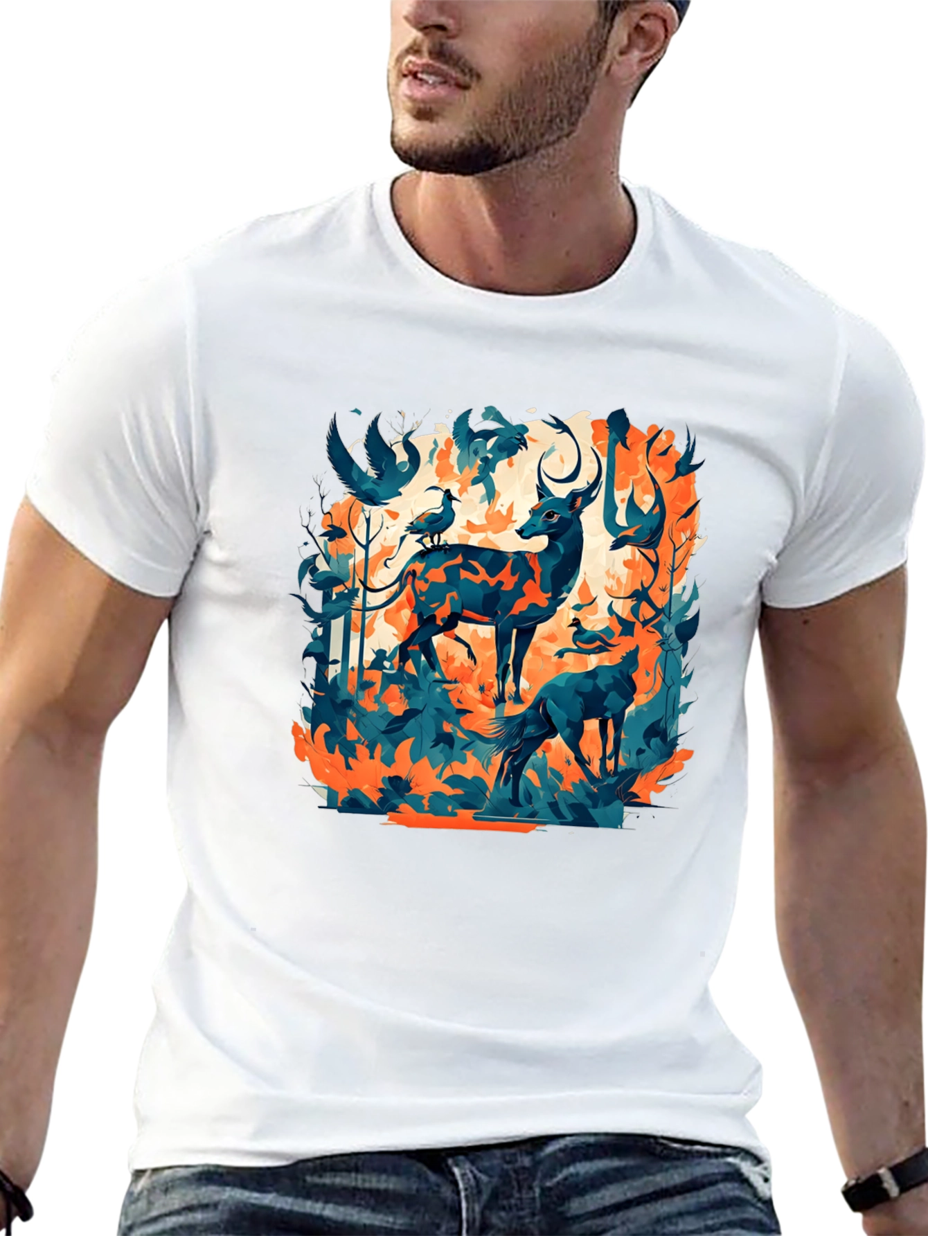 Nature Inspired Graphic Tee - Deer & Birds Design