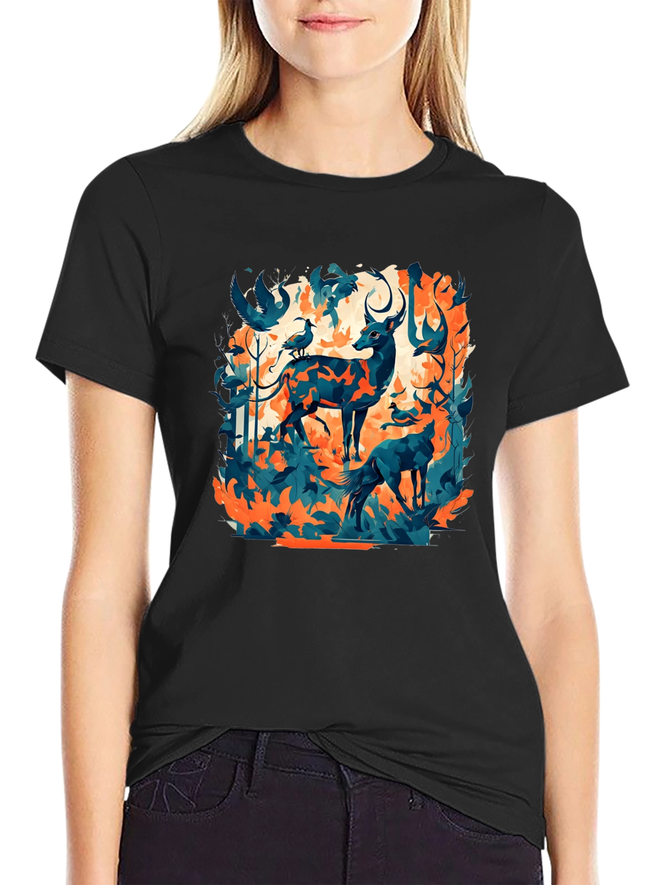 Nature Inspired Graphic Tee - Deer & Birds Design