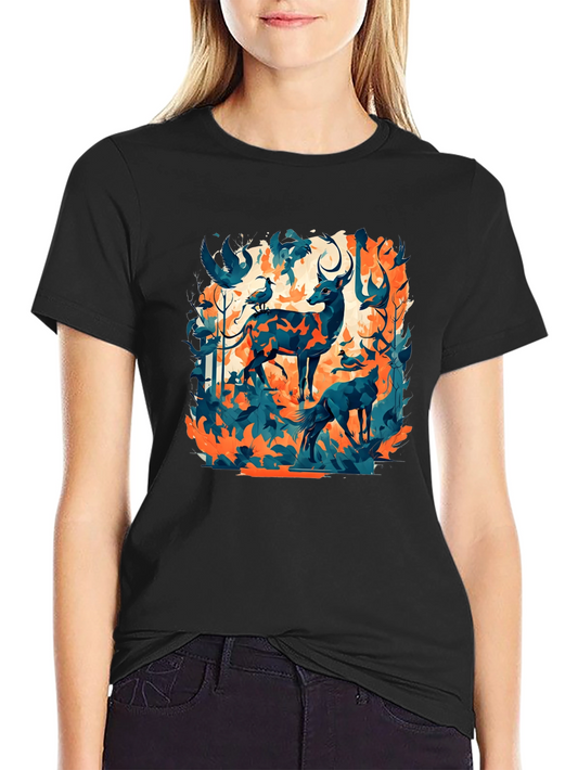 Nature Inspired Graphic Tee - Deer & Birds Design