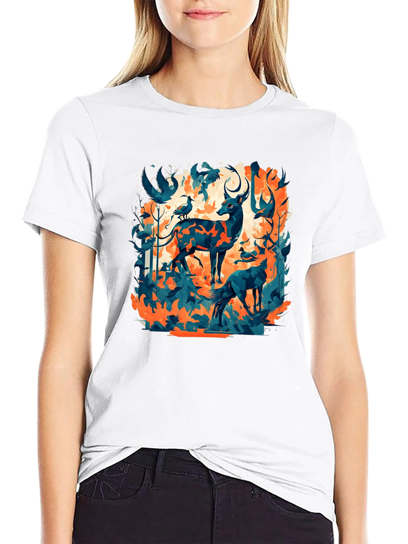 Nature Inspired Graphic Tee - Deer & Birds Design
