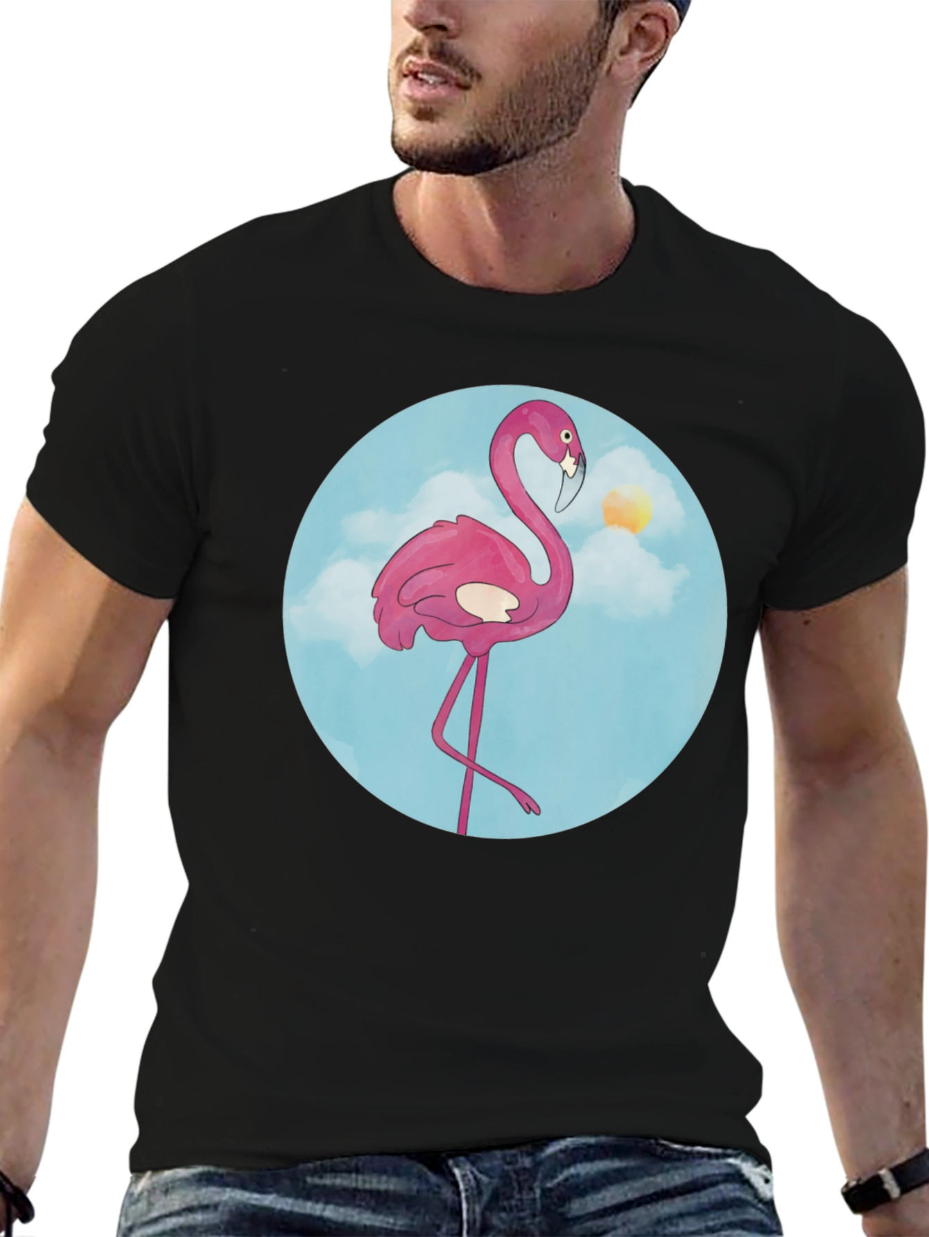 Fun Flamingo Graphic Tee - Black Cotton T-Shirt