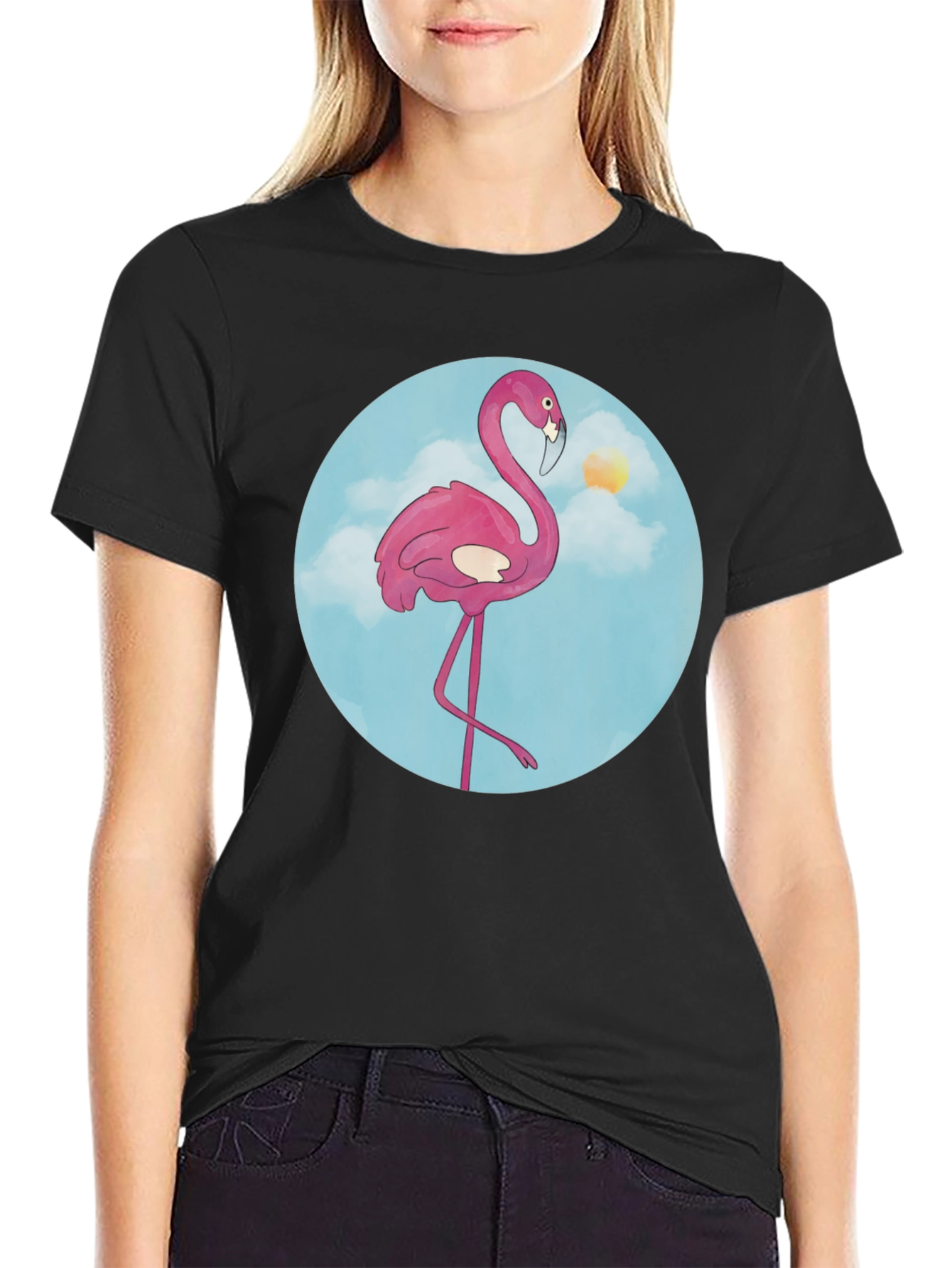 Fun Flamingo Graphic Tee - Black Cotton T-Shirt