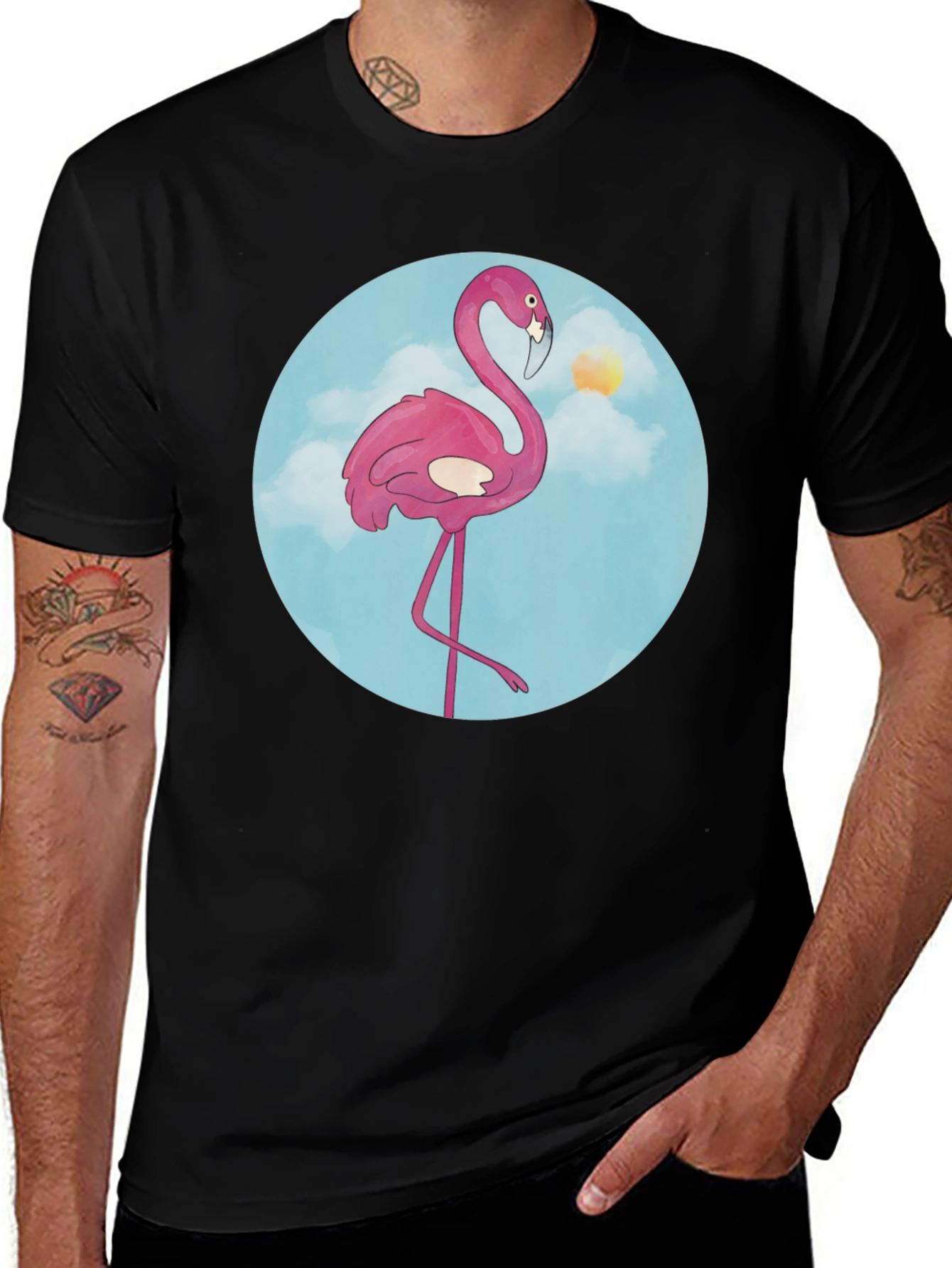 Fun Flamingo Graphic Tee - Black Cotton T-Shirt