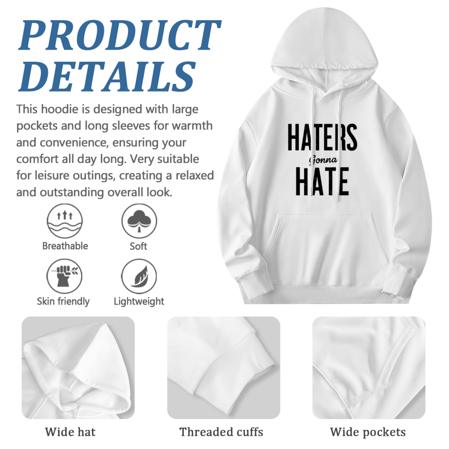 Haters Gonna Hate Street Style Graphic Hoodie, Unisex Loose Comfort Casual Top