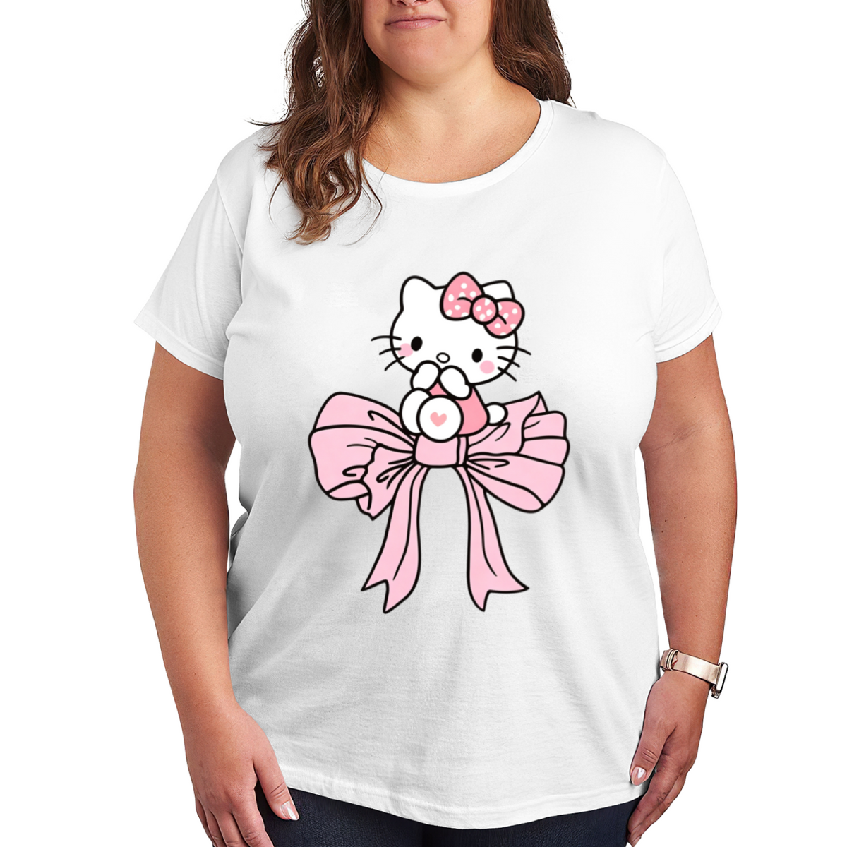 Dreamy Big Pink Bow Hello Kitty Sweet Plus Size Women Fashion Tee