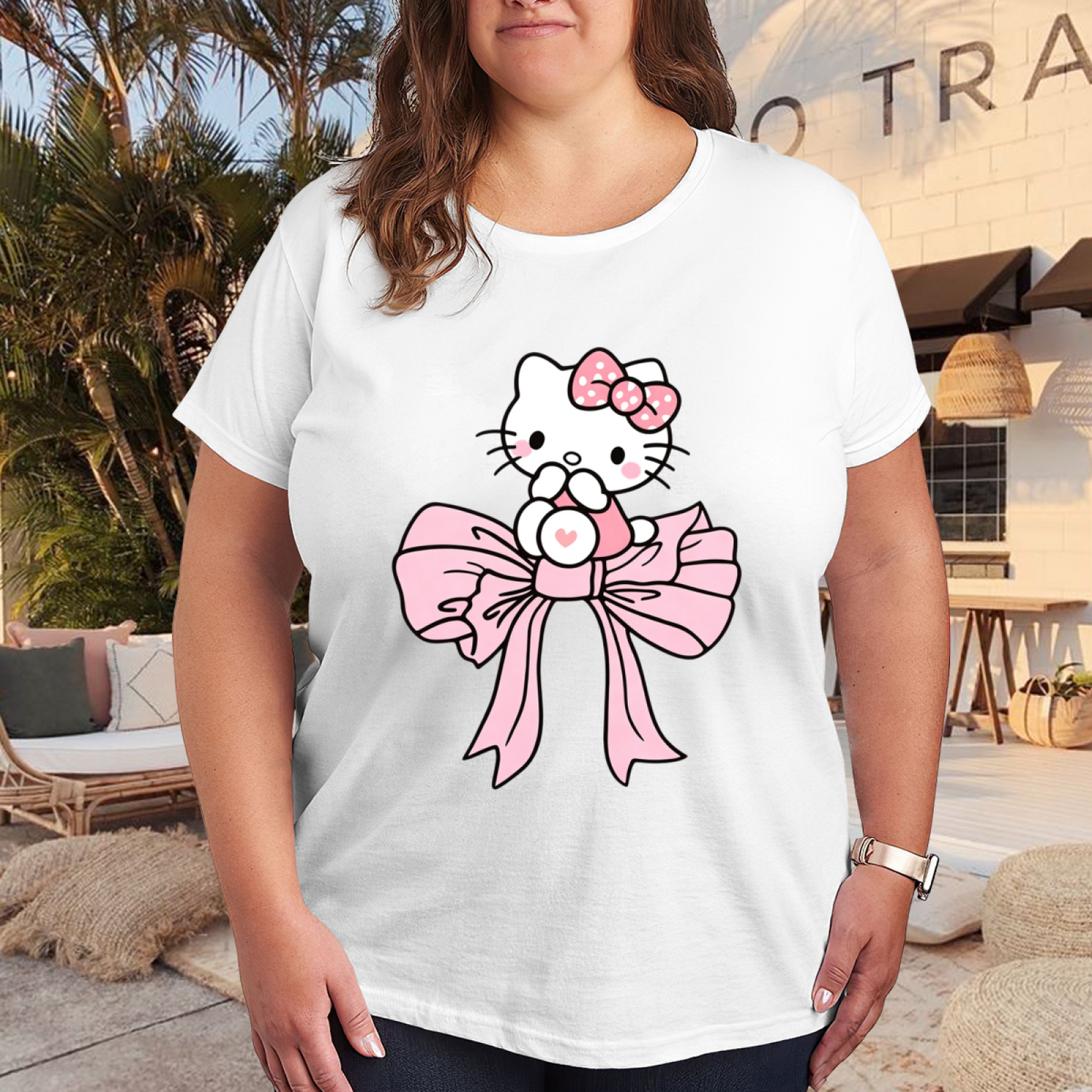 Dreamy Big Pink Bow Hello Kitty Sweet Plus Size Women Fashion Tee
