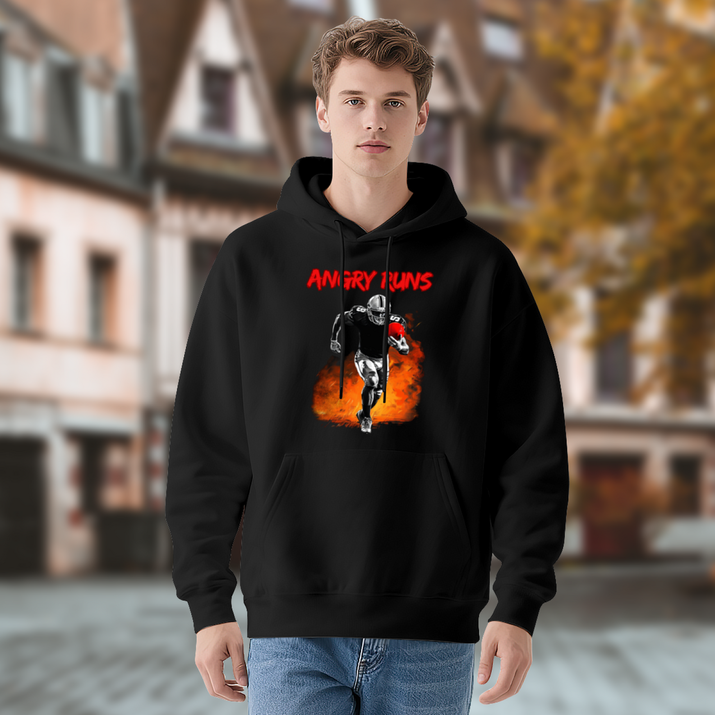 Angry Runs Fire Football Player Black Hoodie, Sporty Comfort Mens Hooded Top