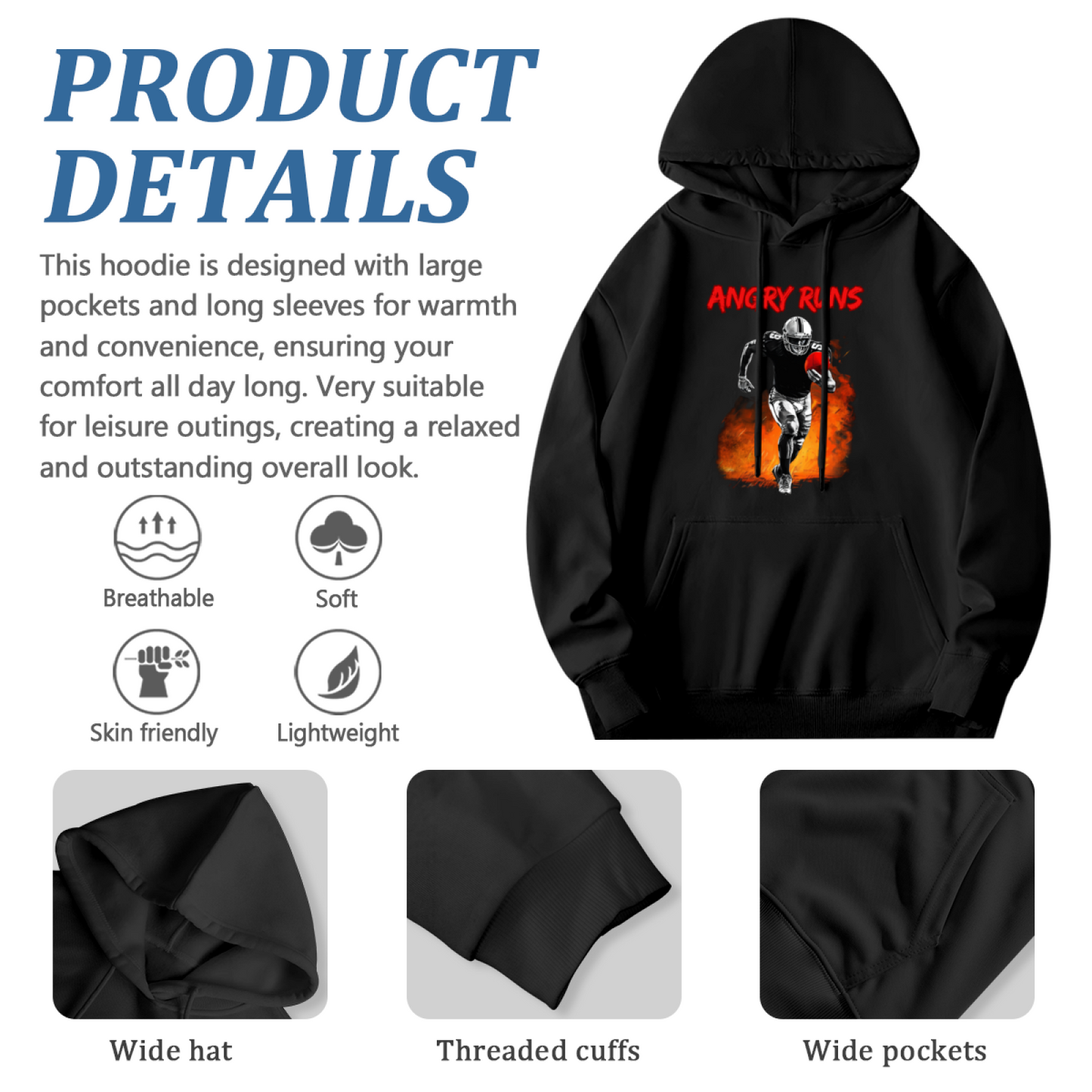 Angry Runs Fire Football Player Black Hoodie, Sporty Comfort Mens Hooded Top