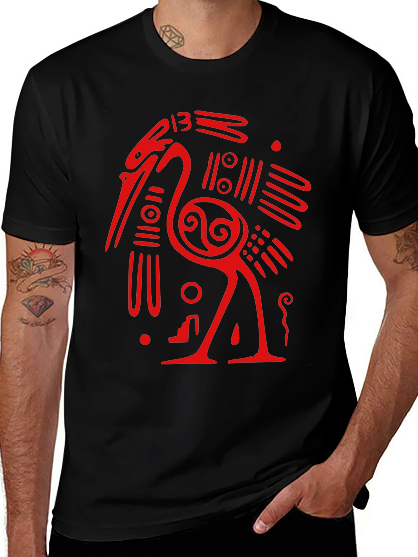 Unique Red Heron Graphic Black T-Shirt