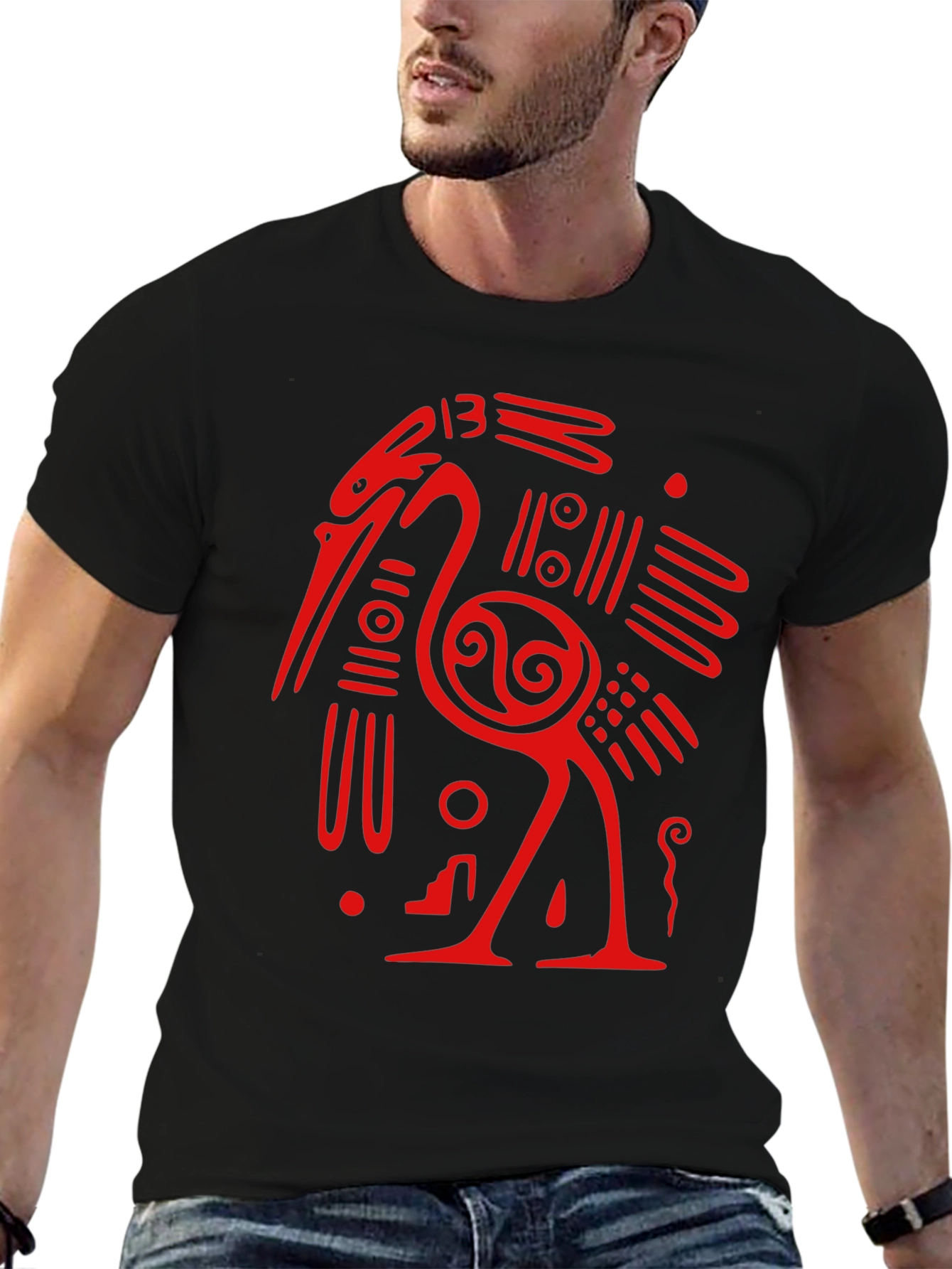 Unique Red Heron Graphic Black T-Shirt