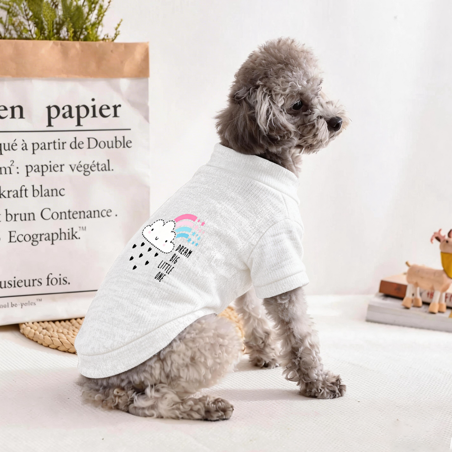 Dream Big Little One Rainbow Cloud Pet Cardigan Sweater, Soft White Cute Puppy Top