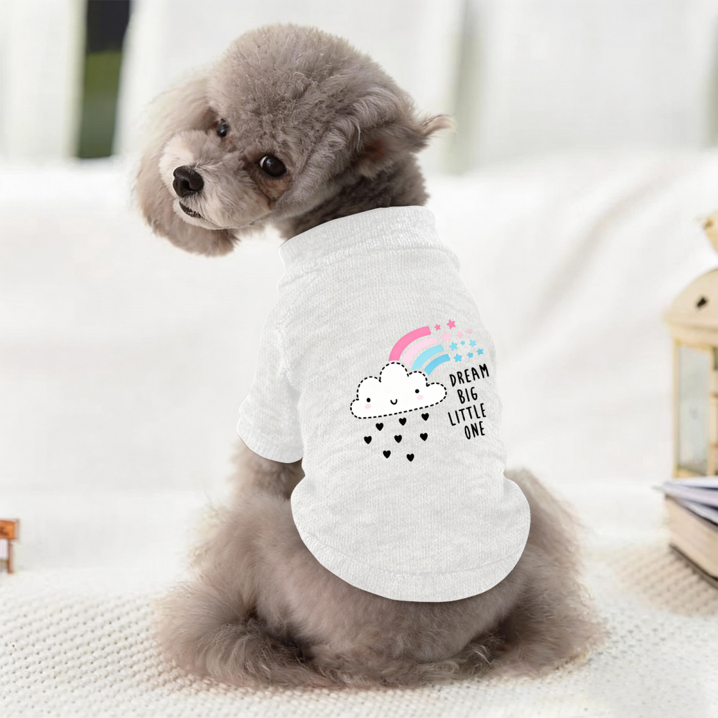 Dream Big Little One Rainbow Cloud Pet Cardigan Sweater, Soft White Cute Puppy Top