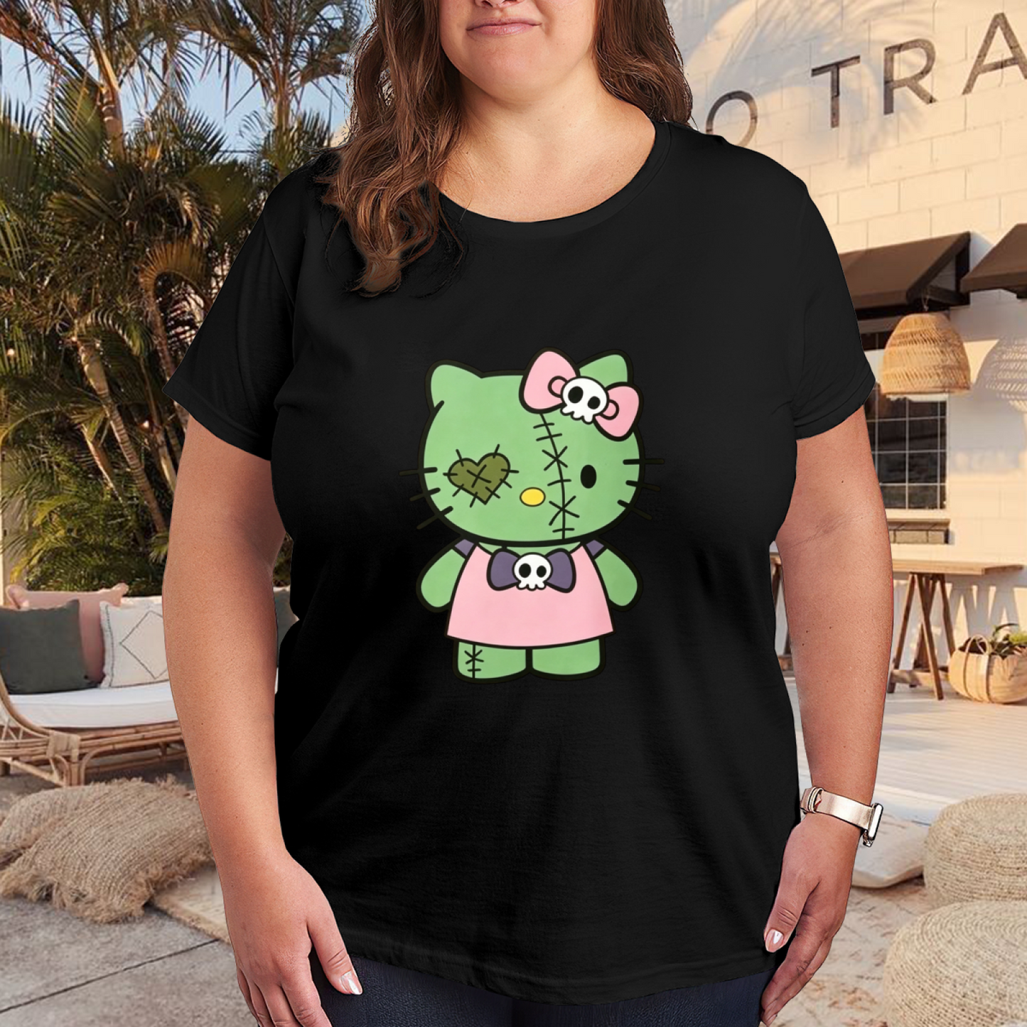 Spooky Zombie Hello Kitty Gothic Style Plus?Size Women Graphic Tee