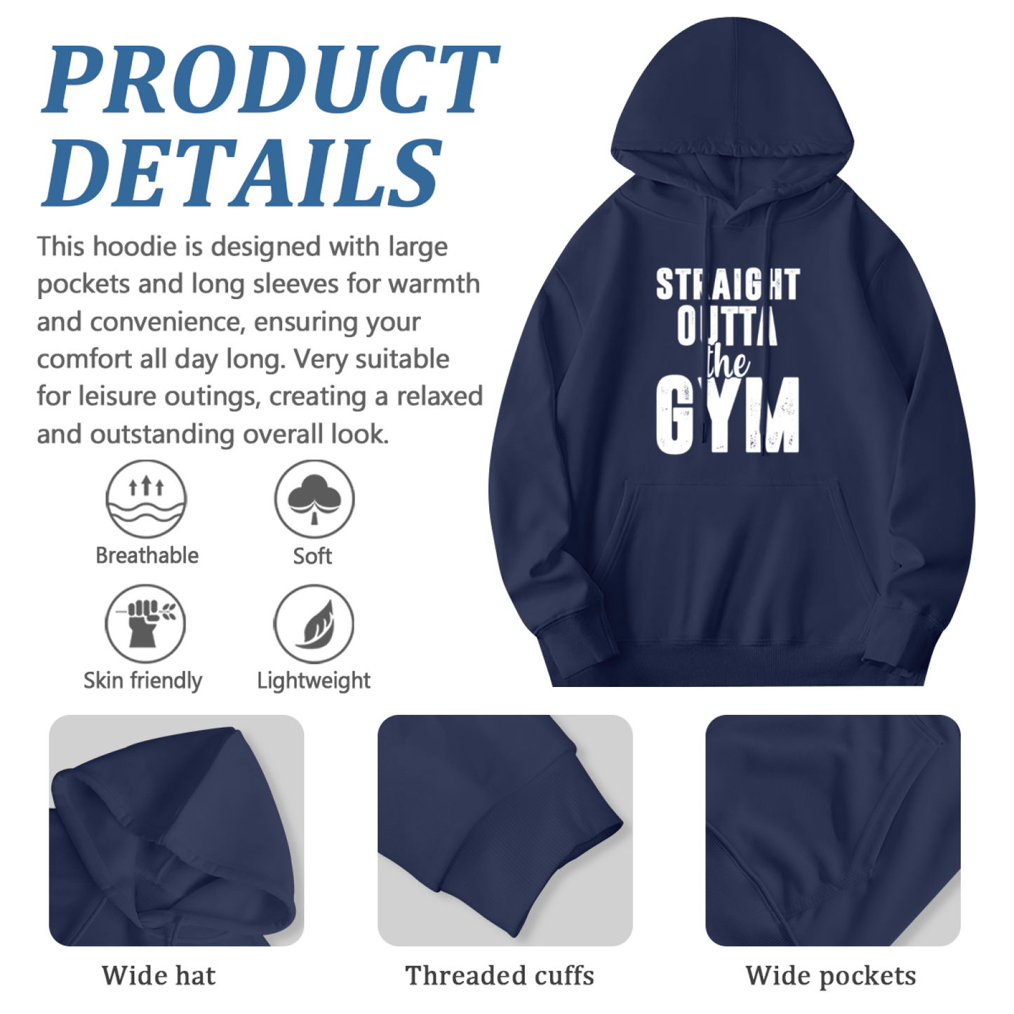 Gym Lover Straight Outta The Gym Navy Hoodie, Unisex Soft Workout Pullover