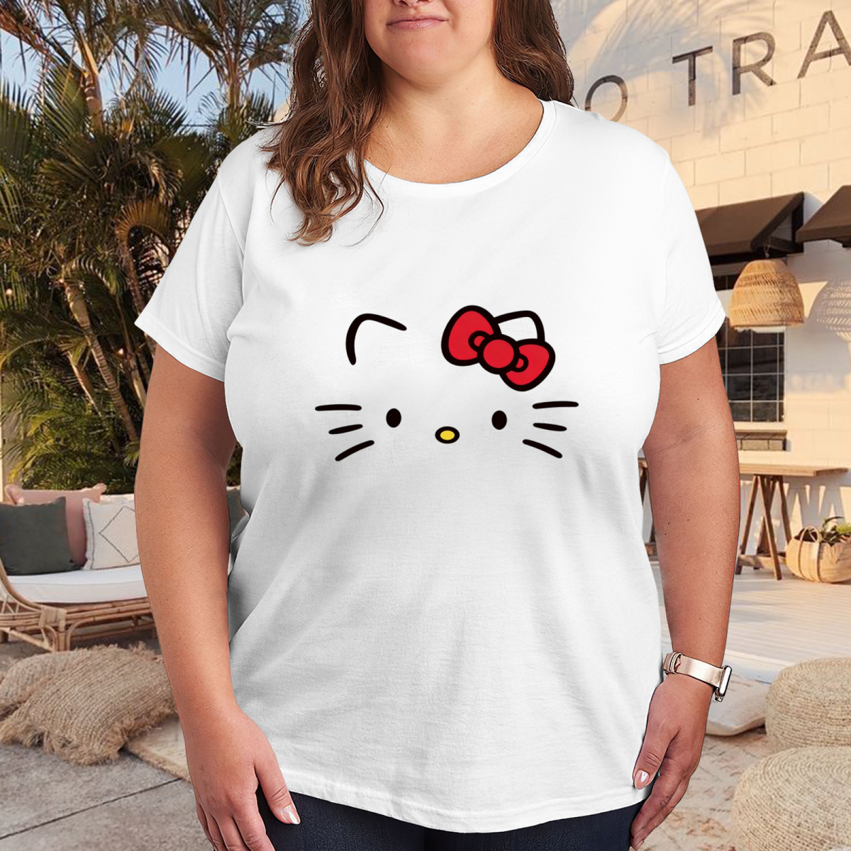 Minimalist Hello Kitty Face Icon Simple Plus?Size Women Tee