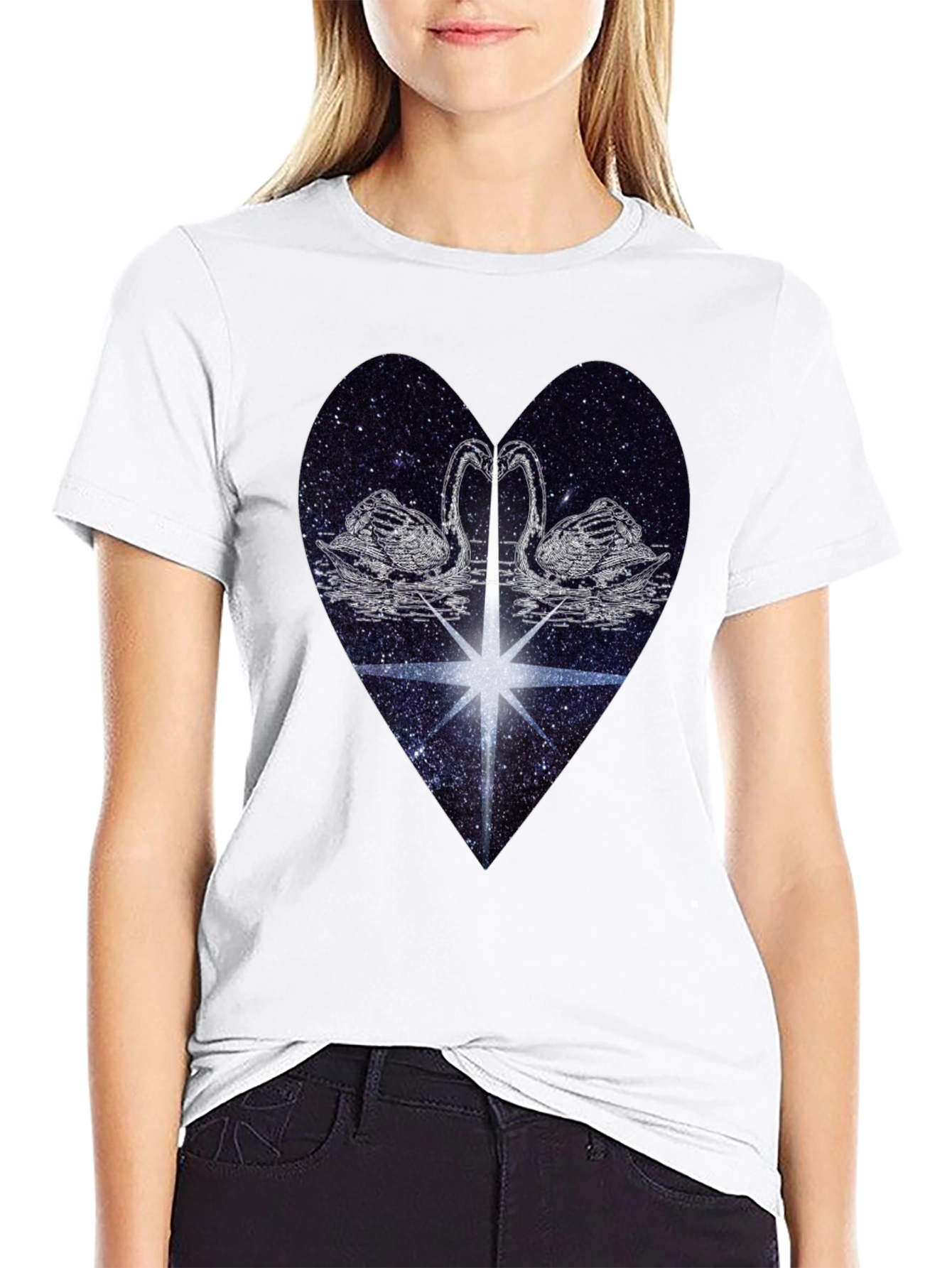Swan Heart Graphic Tee - Black Cotton Comfort