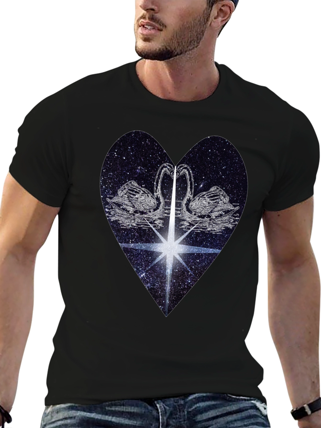Swan Heart Graphic Tee - Black Cotton Comfort