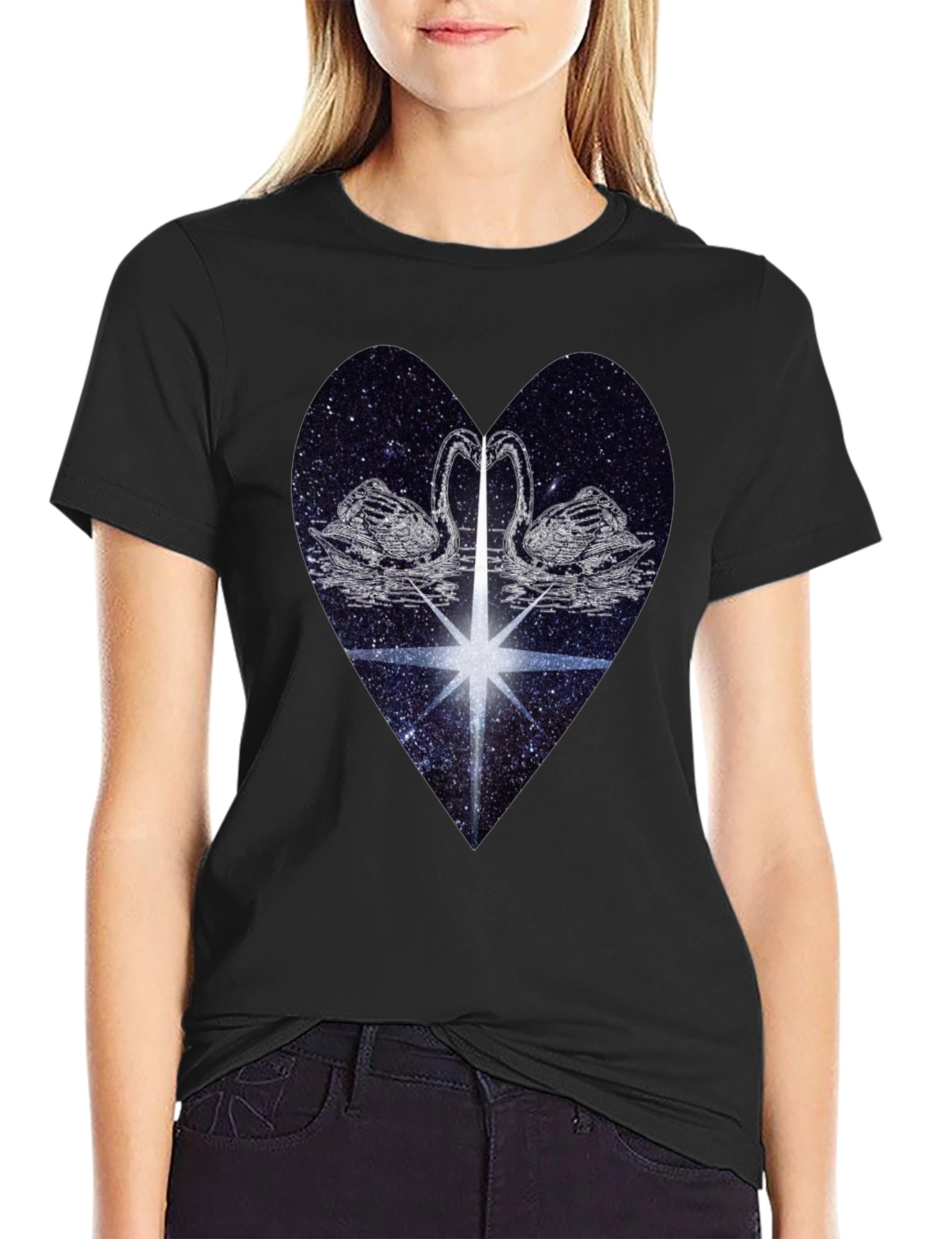 Swan Heart Graphic Tee - Black Cotton Comfort