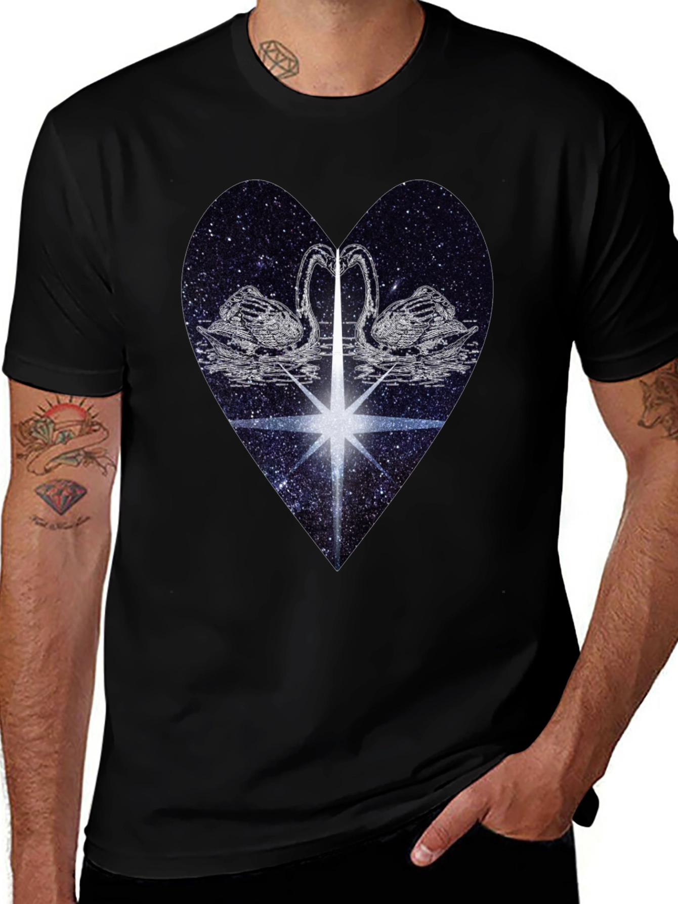 Swan Heart Graphic Tee - Black Cotton Comfort