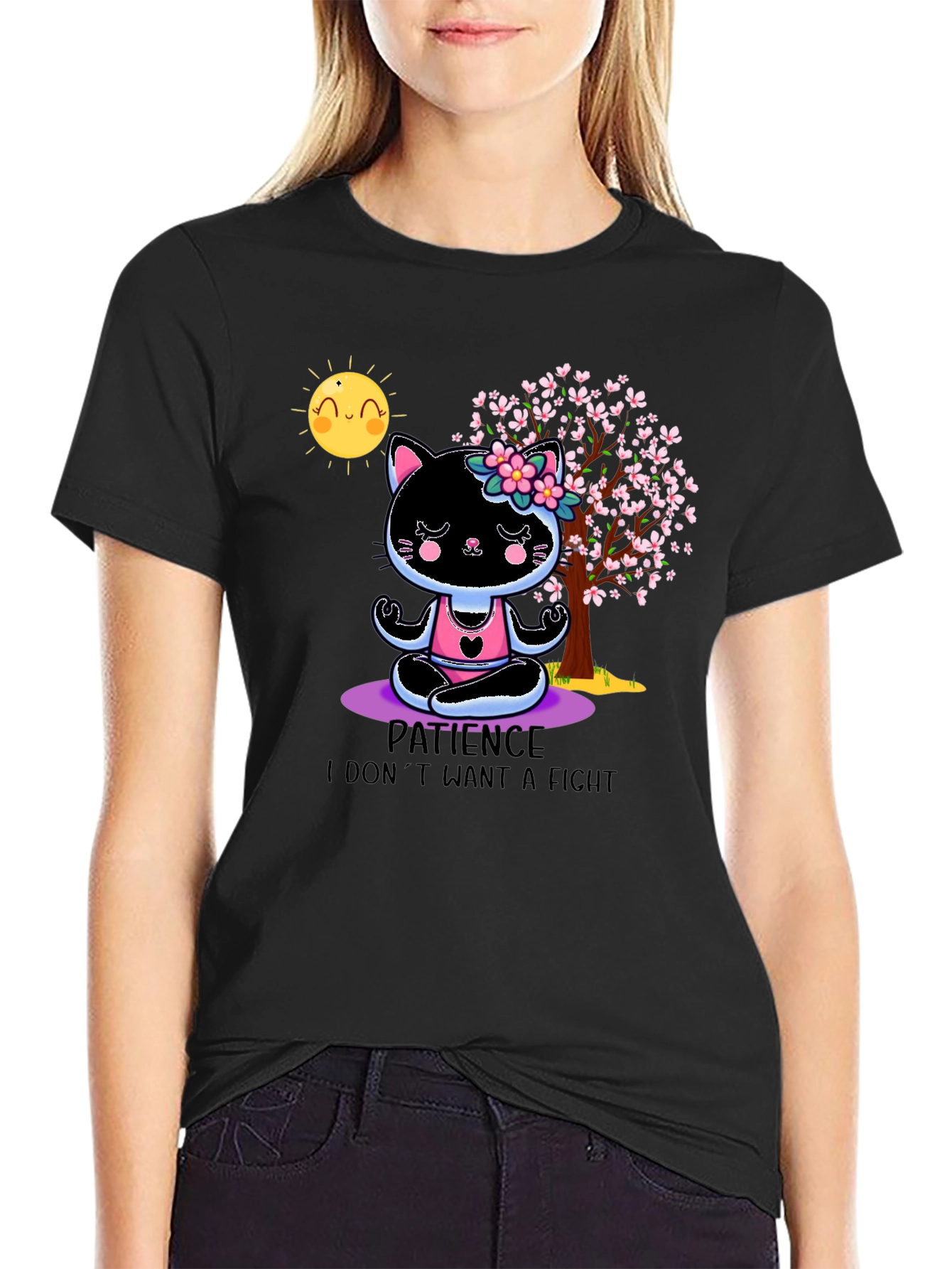 Patience Cat Yoga T-Shirt - Cute Meditating Kitten Tee