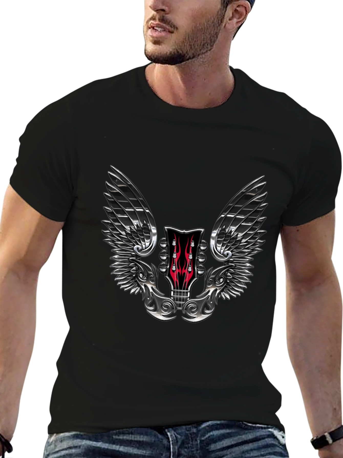 Winged Guitar Headstock Graphic Tee - Rocker Style