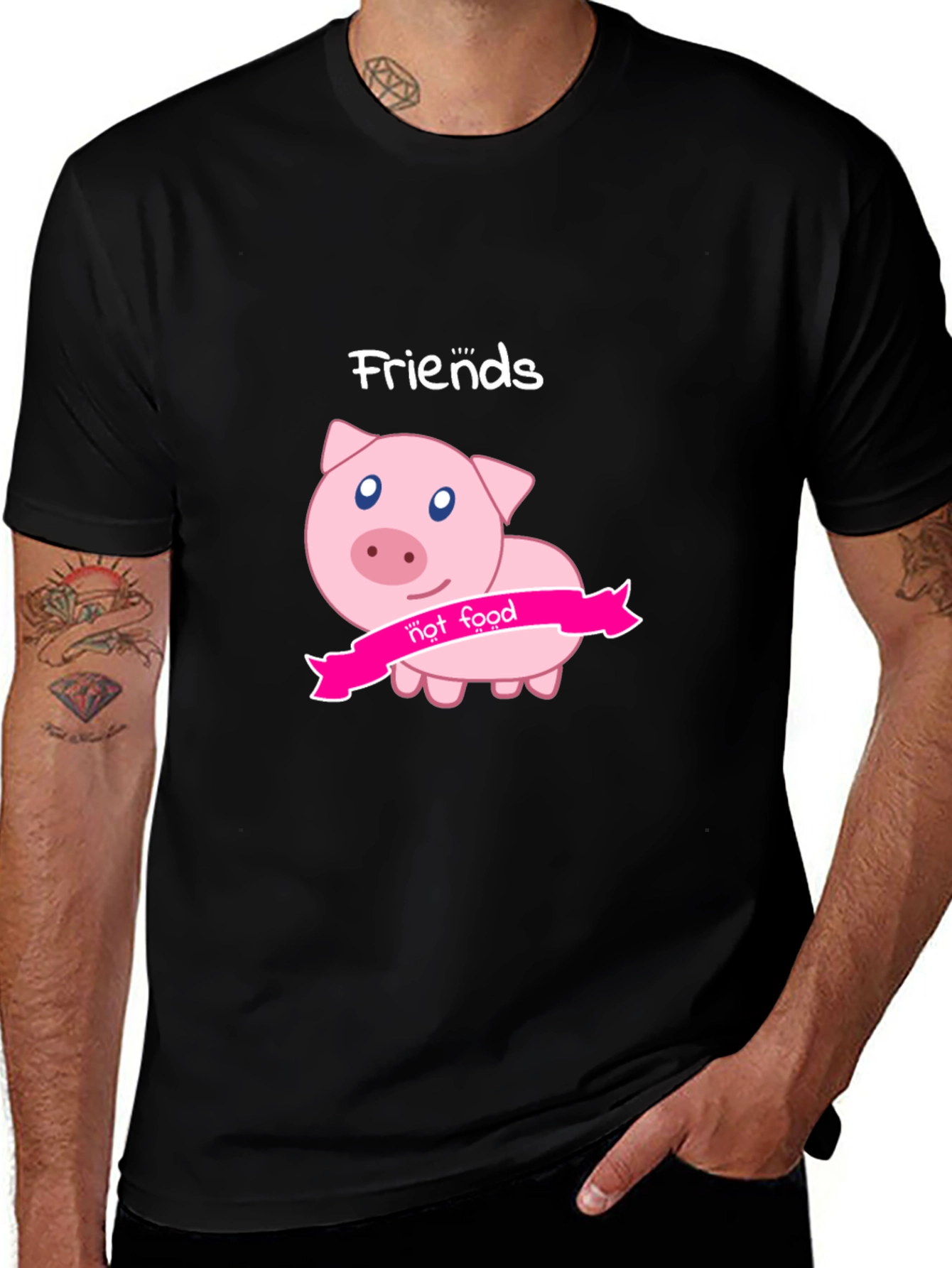 Friends Not Food Pig Graphic Black T-Shirt