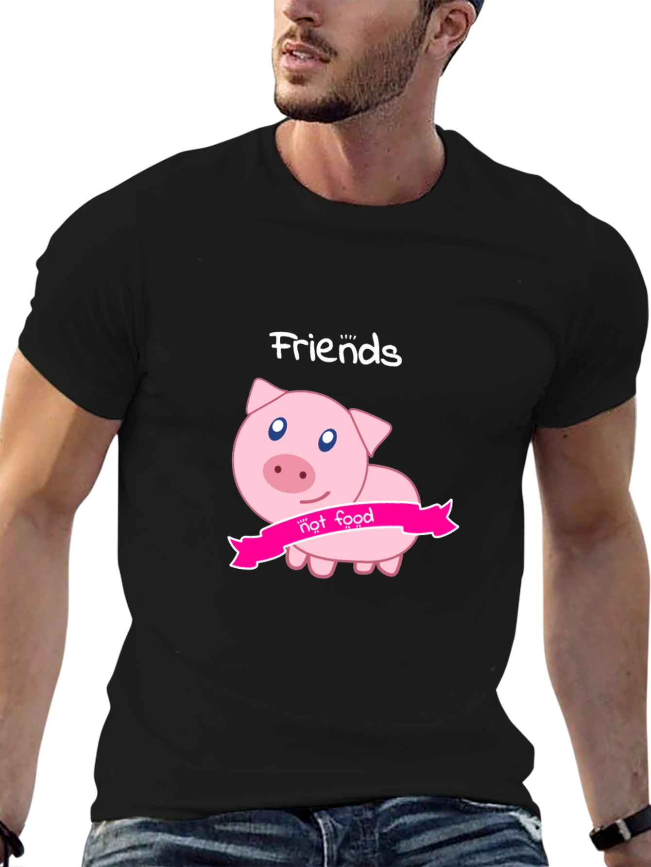 Friends Not Food Pig Graphic Black T-Shirt