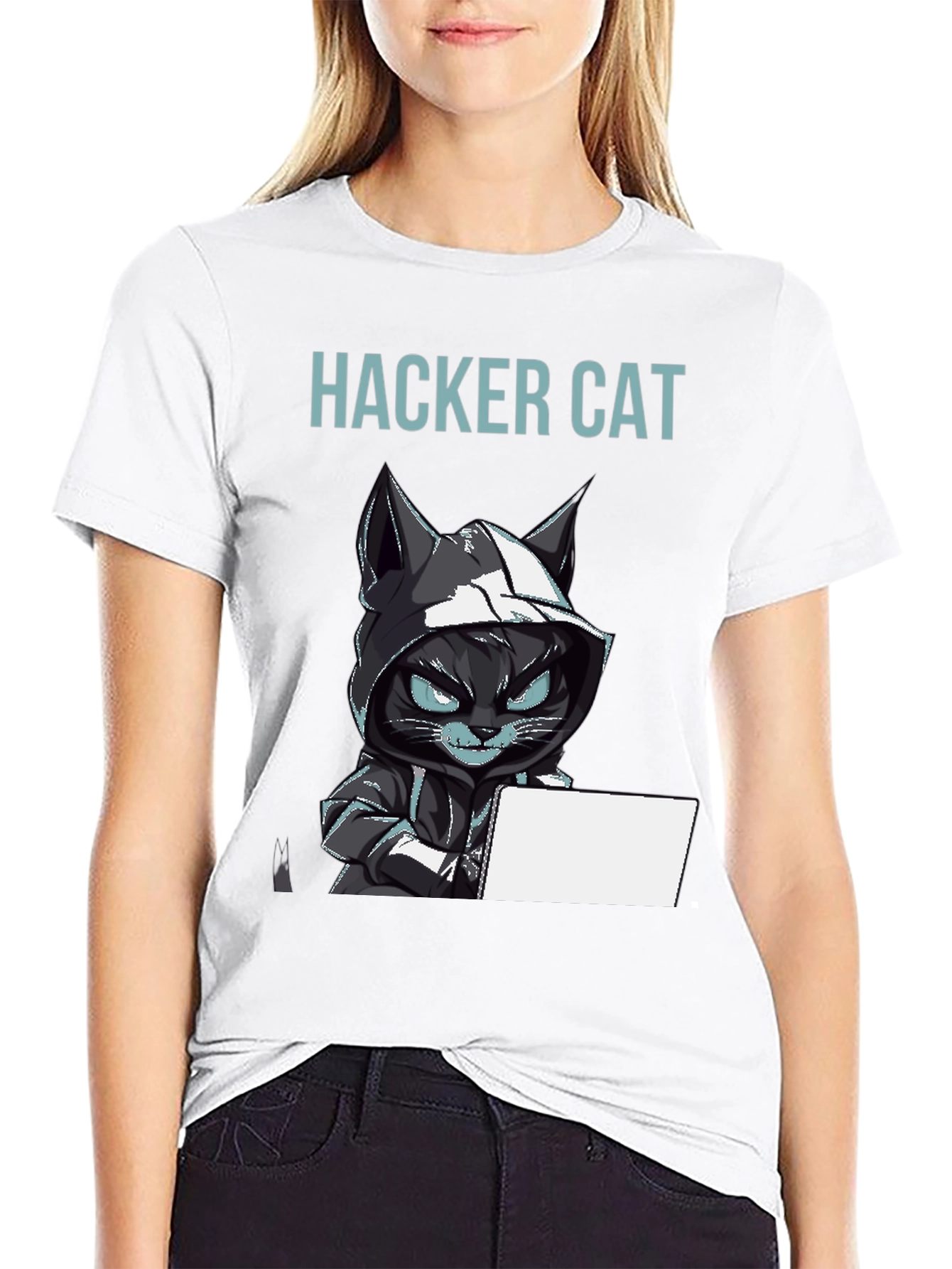 Hacker Cat Graphic T-Shirt - Black Tee