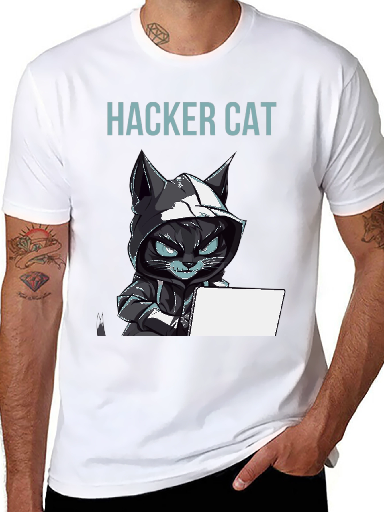 Hacker Cat Graphic T-Shirt - Black Tee