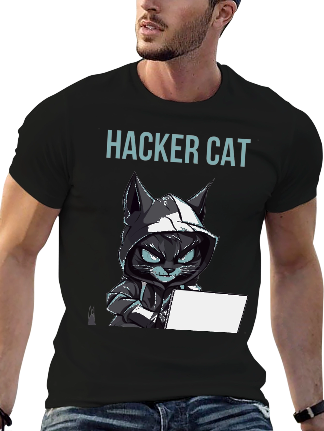 Hacker Cat Graphic T-Shirt - Black Tee