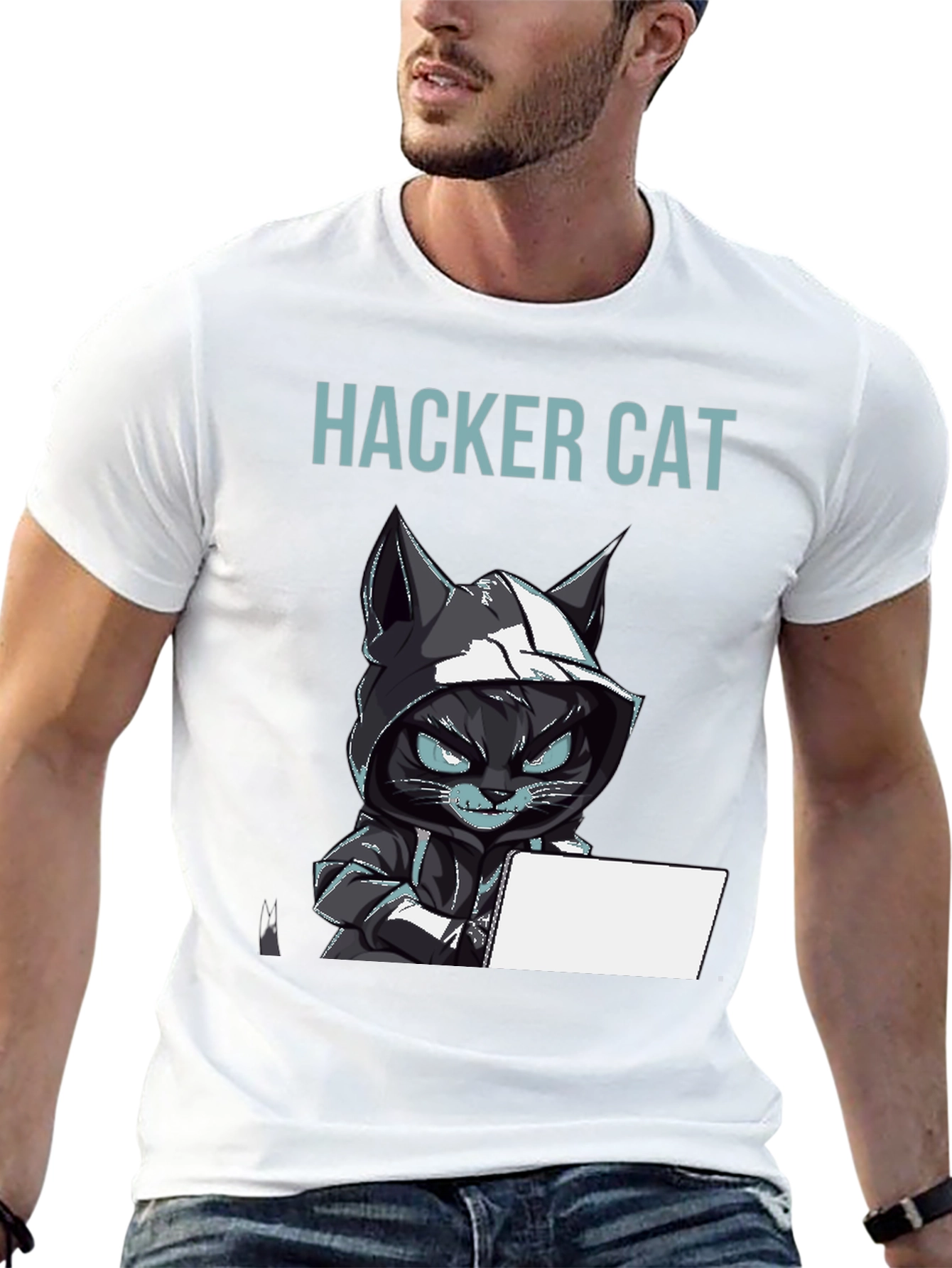 Hacker Cat Graphic T-Shirt - Black Tee