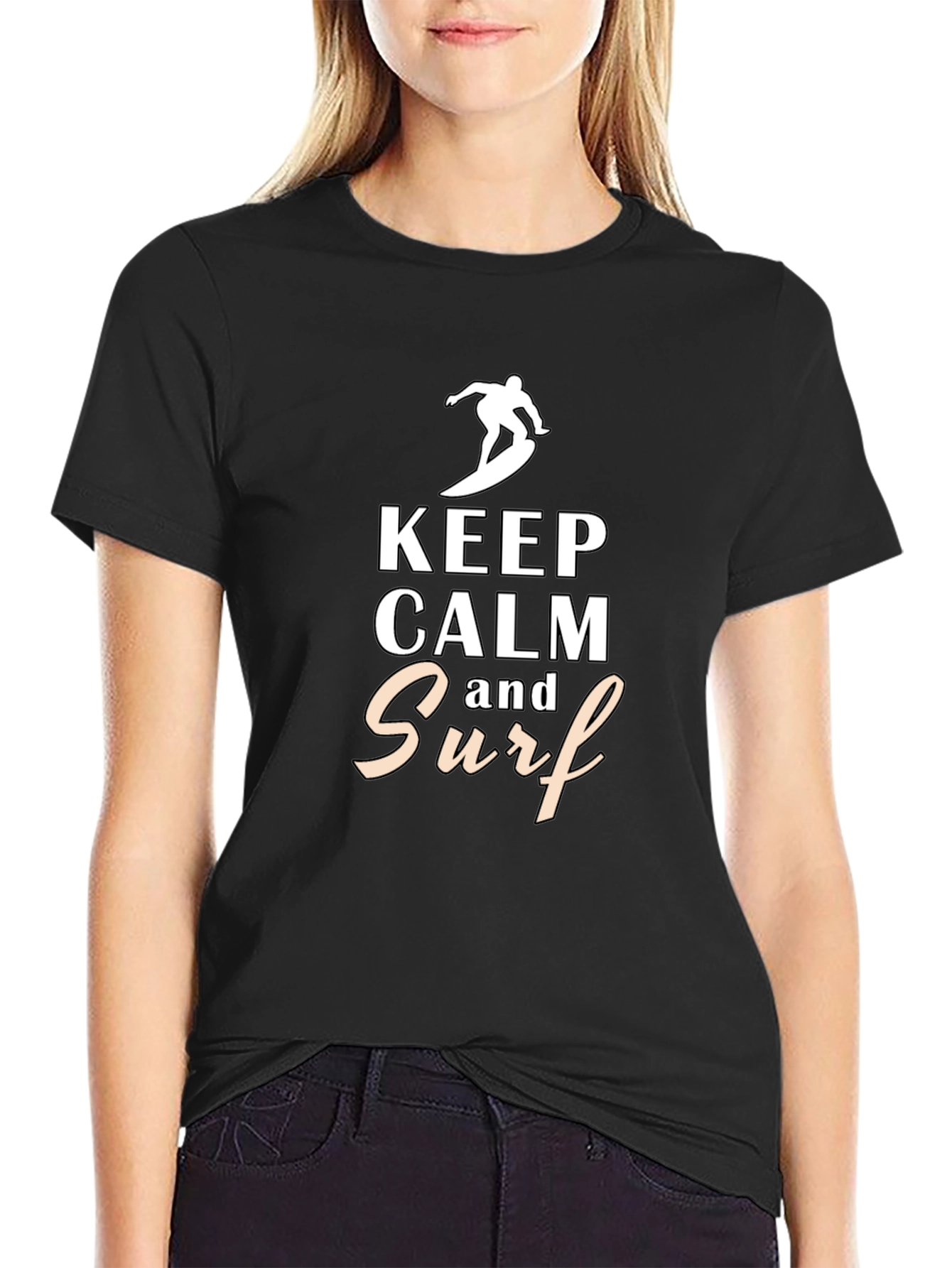 Keep Calm and Surf Black Graphic Tee