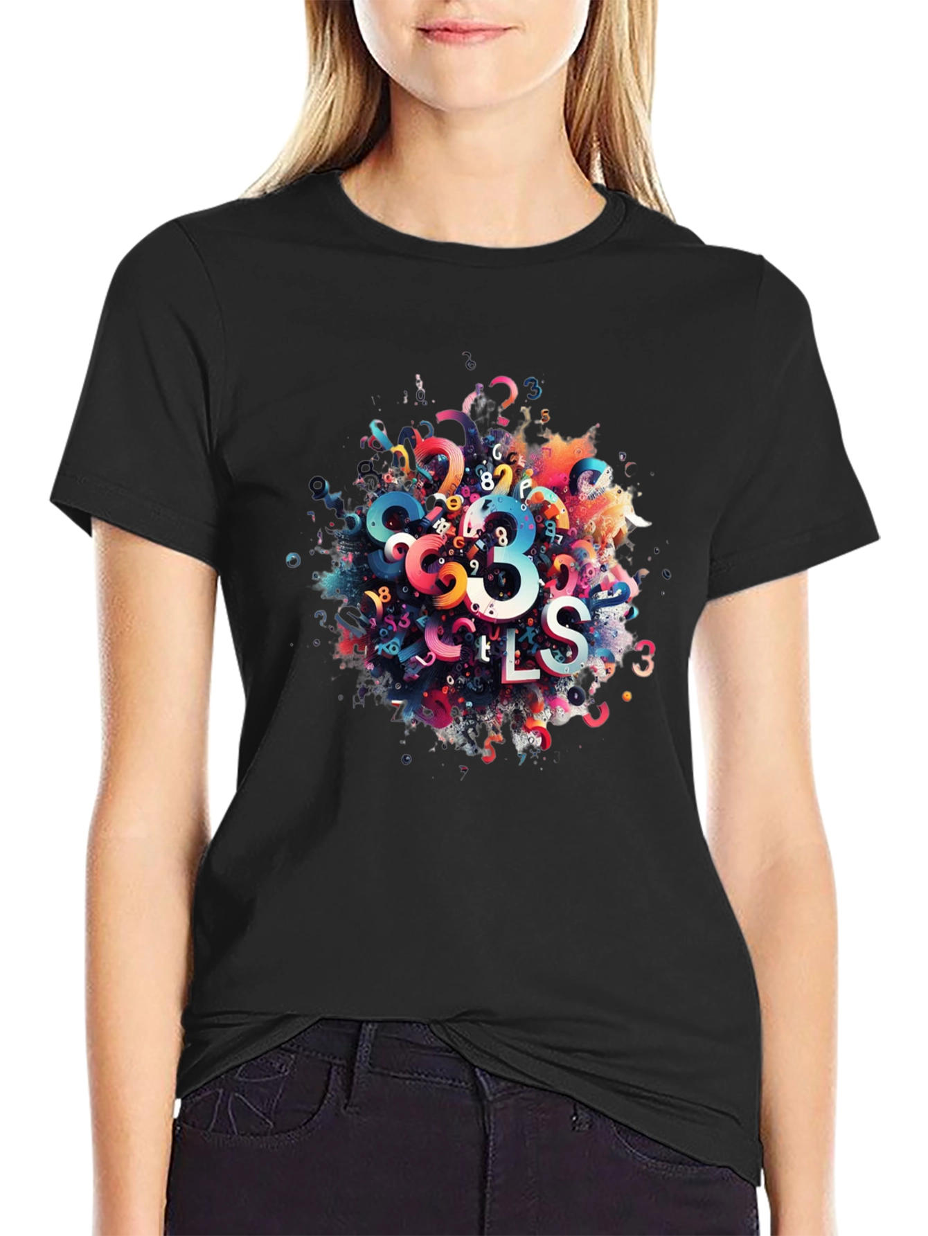 Abstract Numbers Graphic Print Black T-Shirt