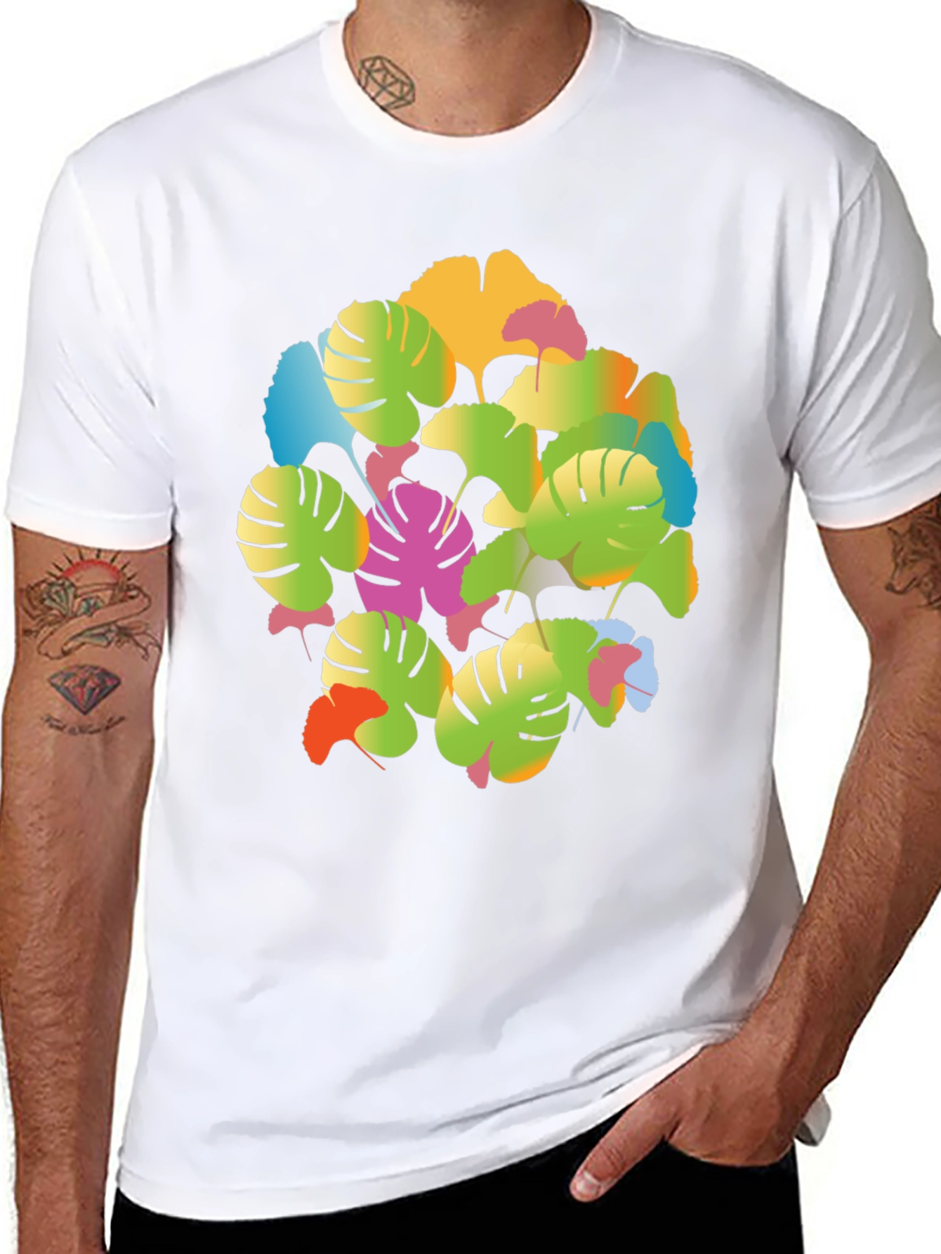 Tropical Leaf Print T-Shirt - Vibrant Graphic Tee
