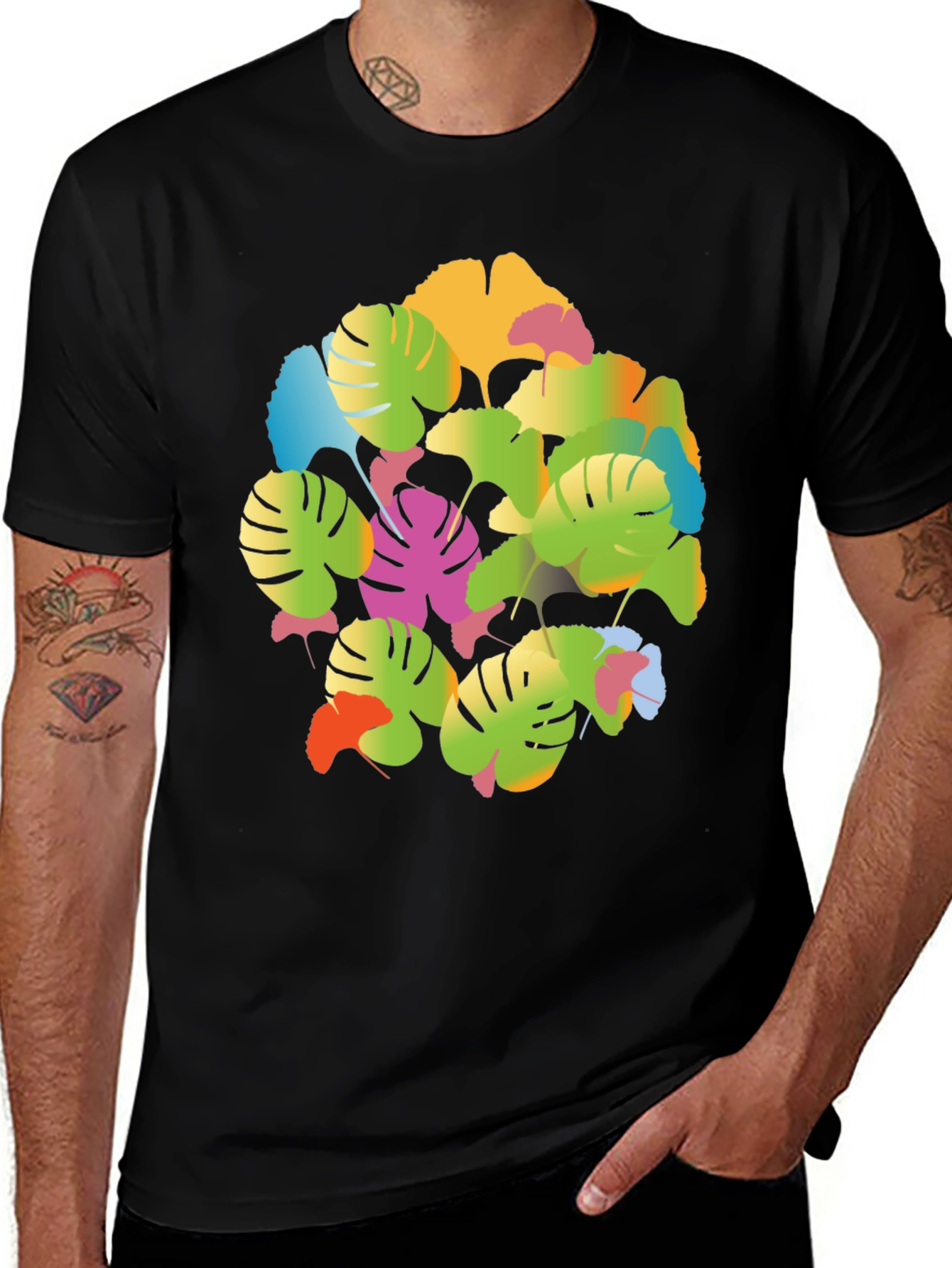 Tropical Leaf Print T-Shirt - Vibrant Graphic Tee