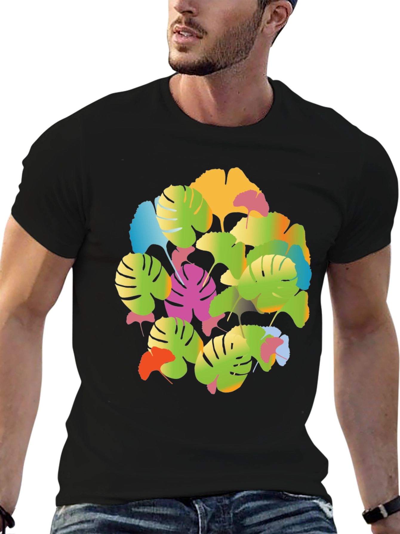 Tropical Leaf Print T-Shirt - Vibrant Graphic Tee
