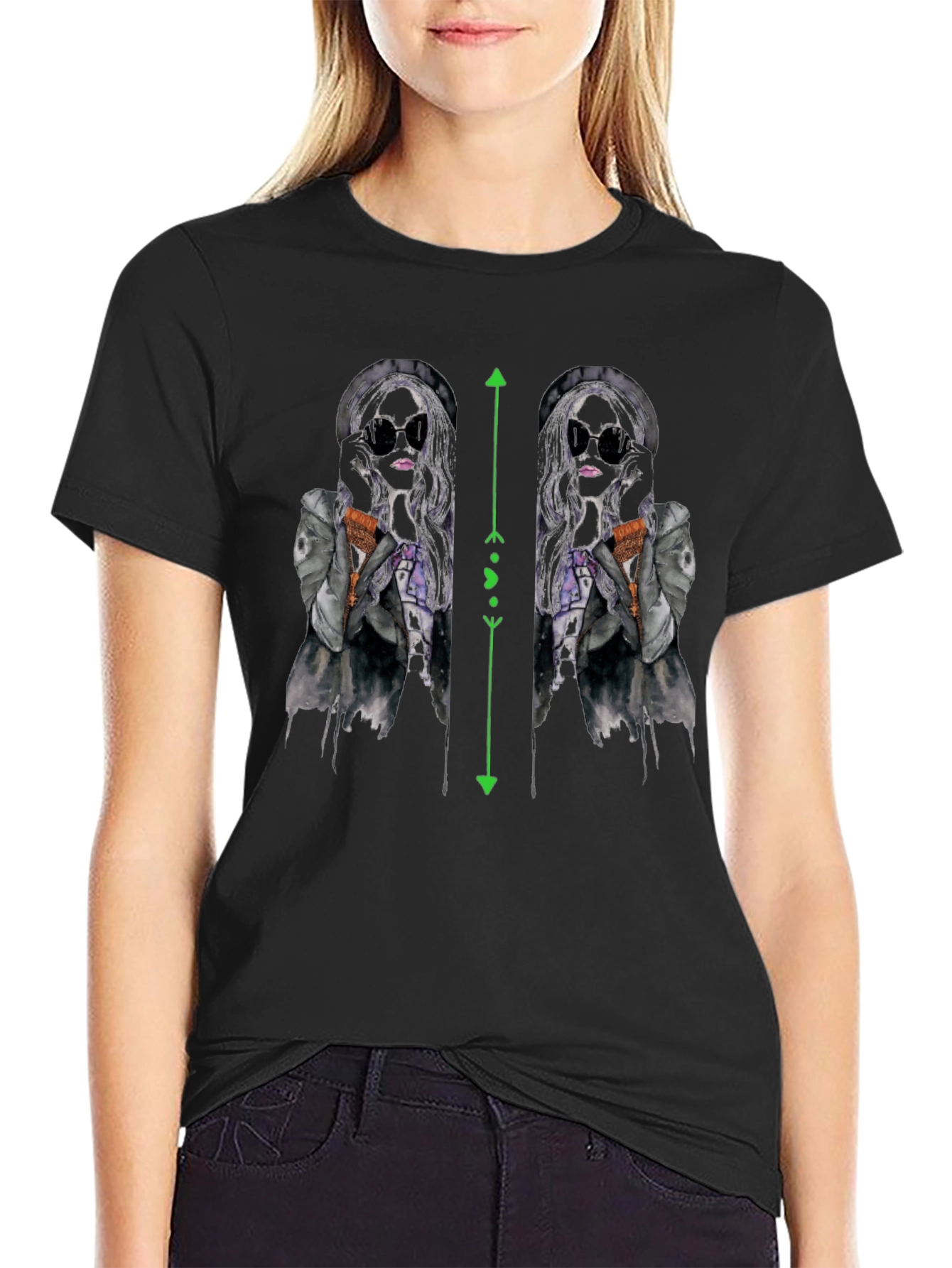 Black T-Shirt with Unique Fashion Illustration