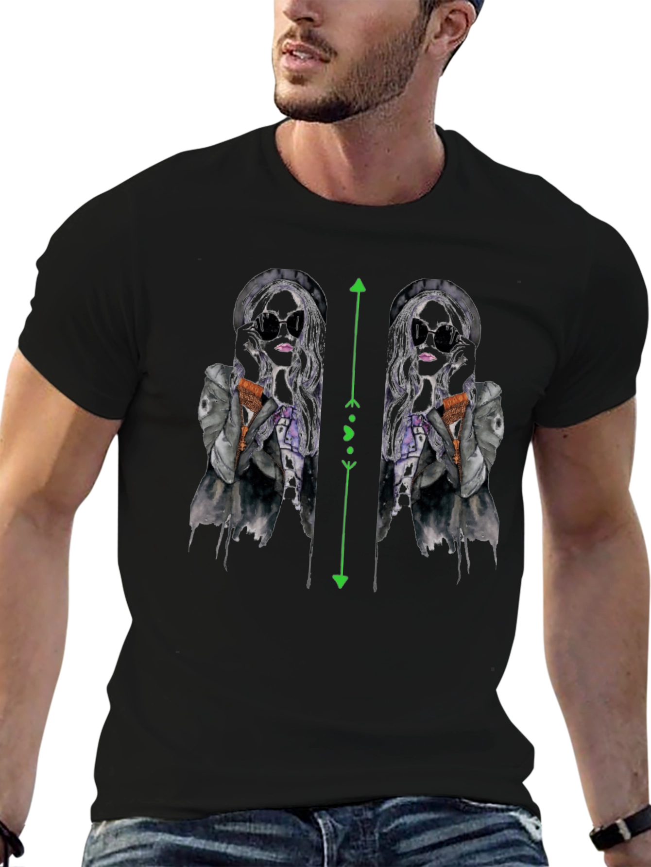 Black T-Shirt with Unique Fashion Illustration