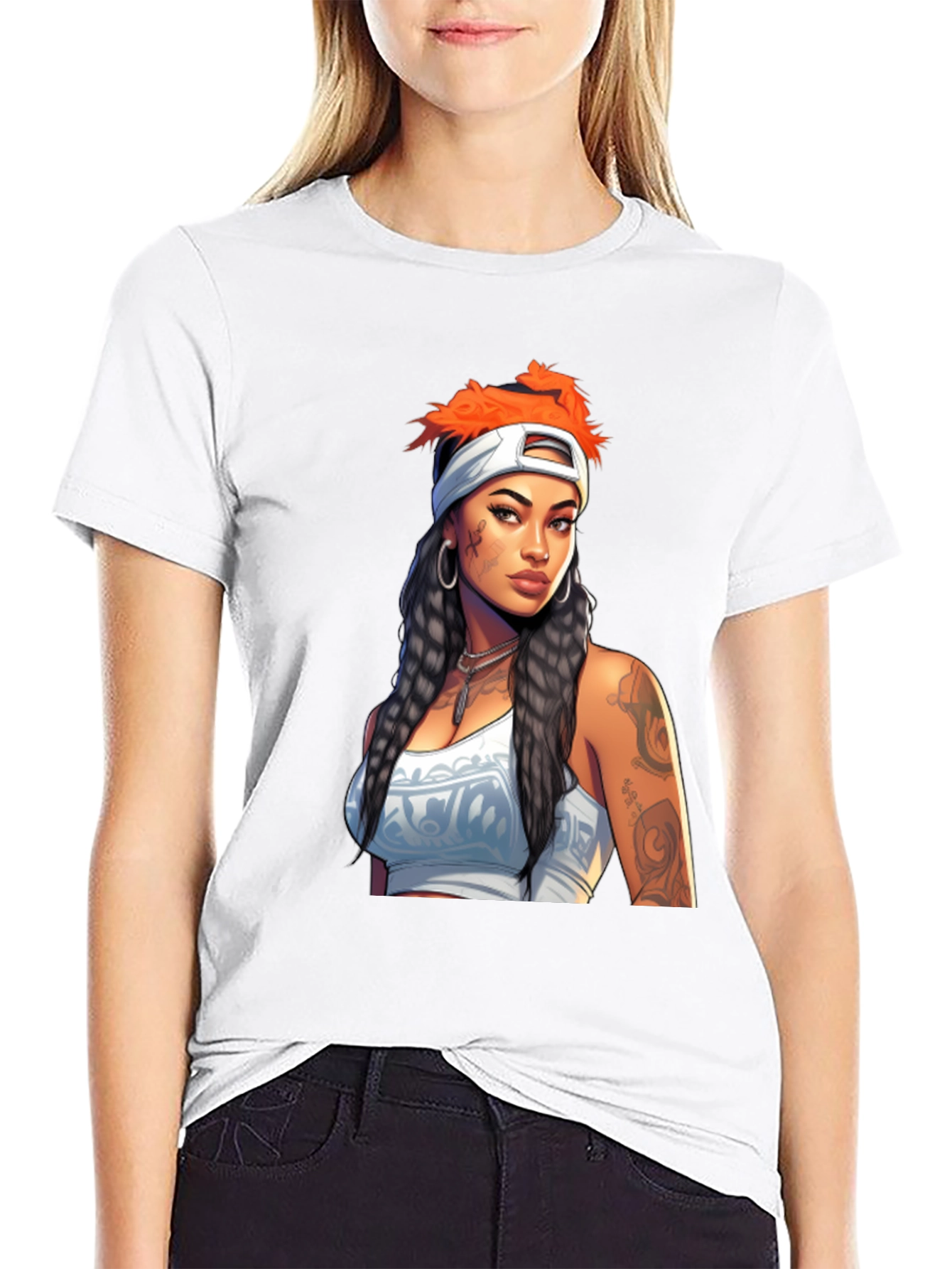 Black Tee with Tattooed Woman Graphic