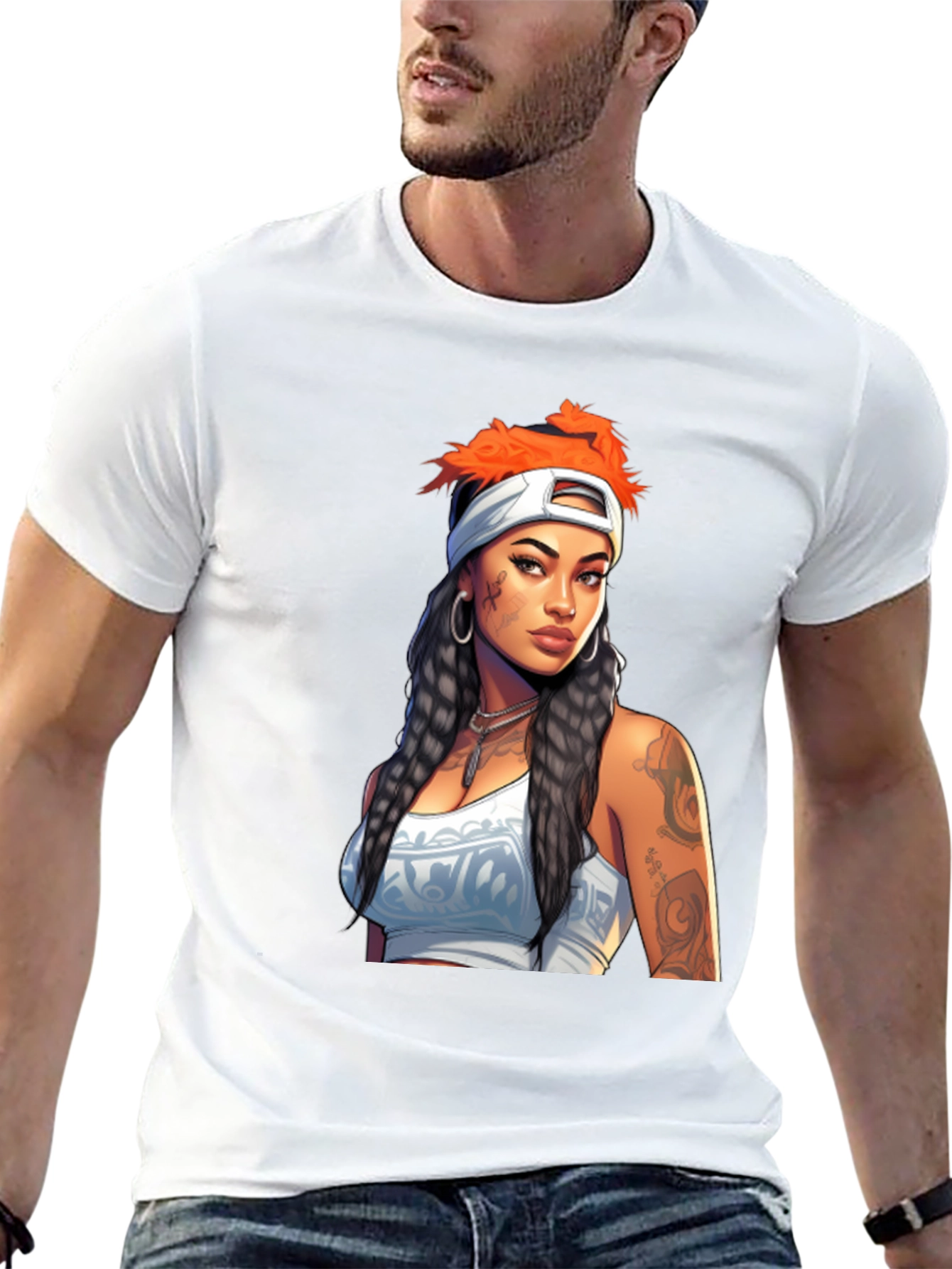 Black Tee with Tattooed Woman Graphic