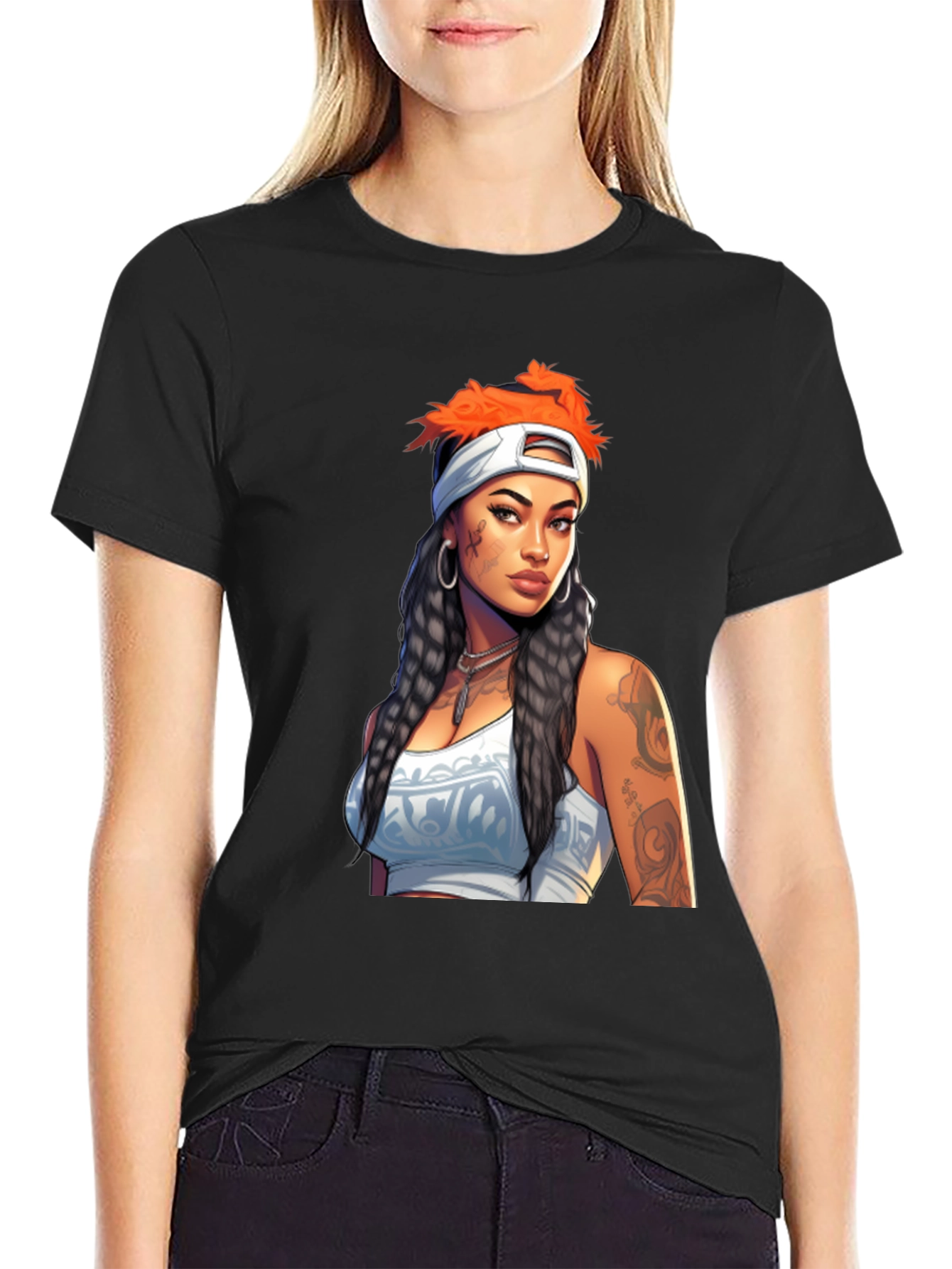 Black Tee with Tattooed Woman Graphic
