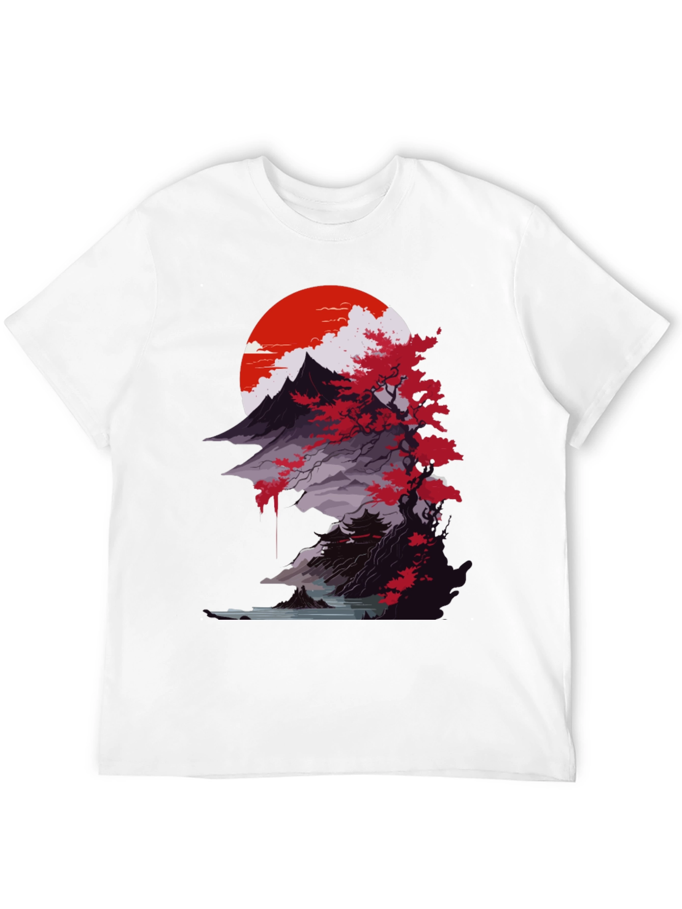 Japanese Mountain Sunset Black T-Shirt
