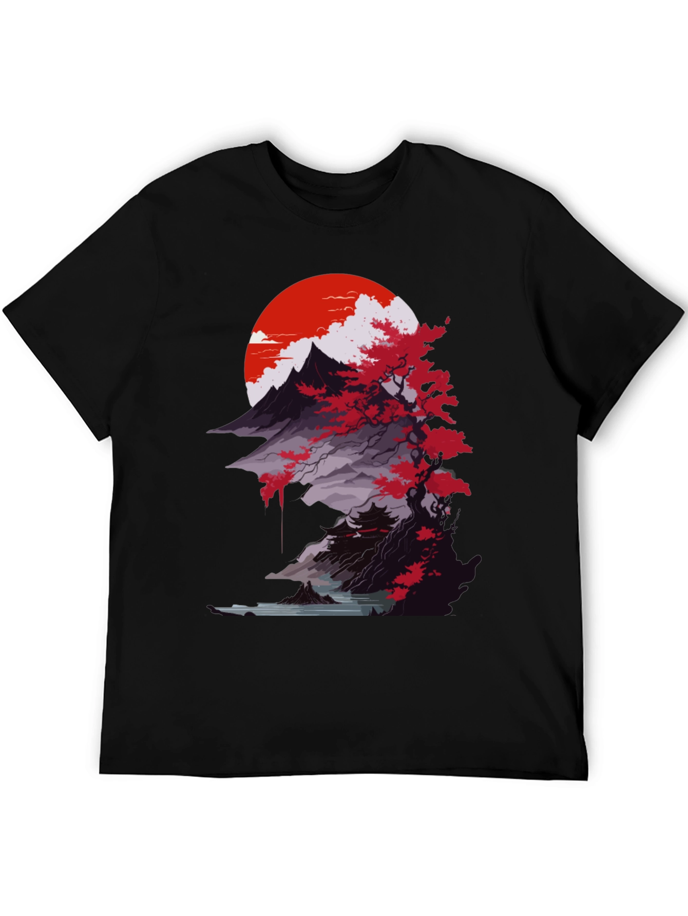 Japanese Mountain Sunset Black T-Shirt